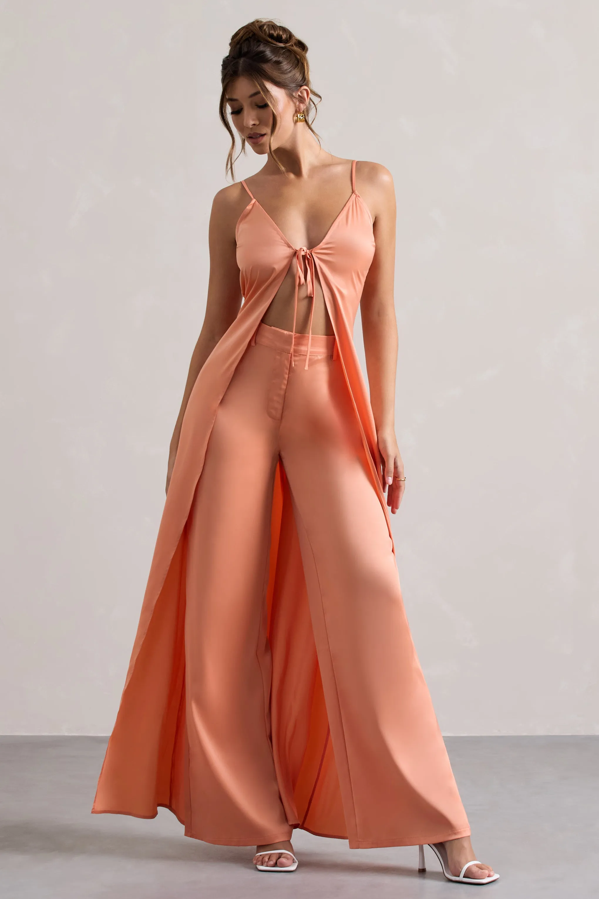 Calvi | Peach Satin Longline Cami Top With Split Front Club L London