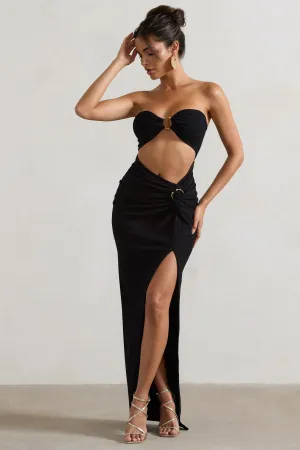 Cancun | Black Crinkle Strapless Cut-Out Maxi Dress With Twist Club L London