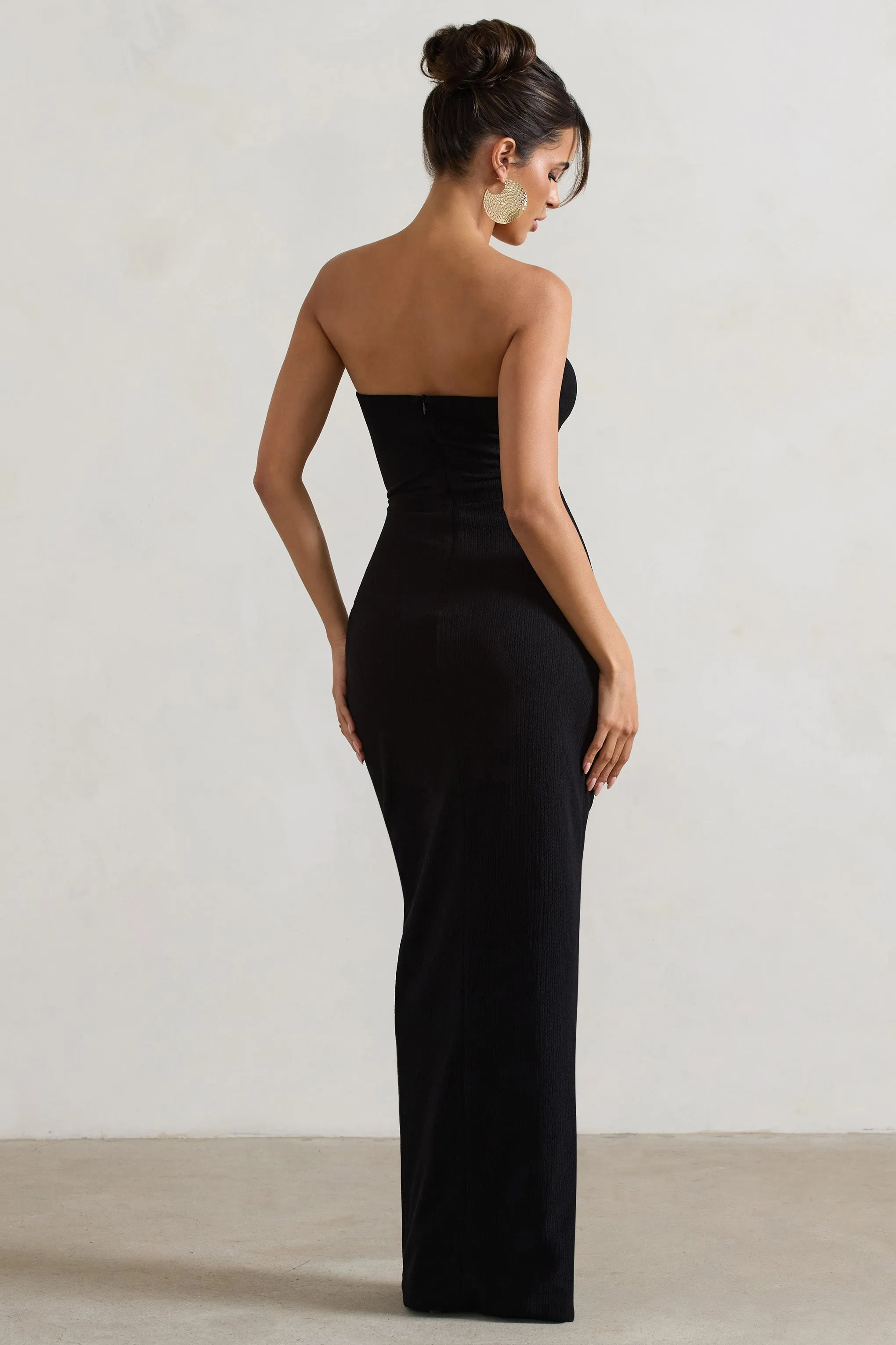 Cancun | Black Crinkle Strapless Cut-Out Maxi Dress With Twist Club L London