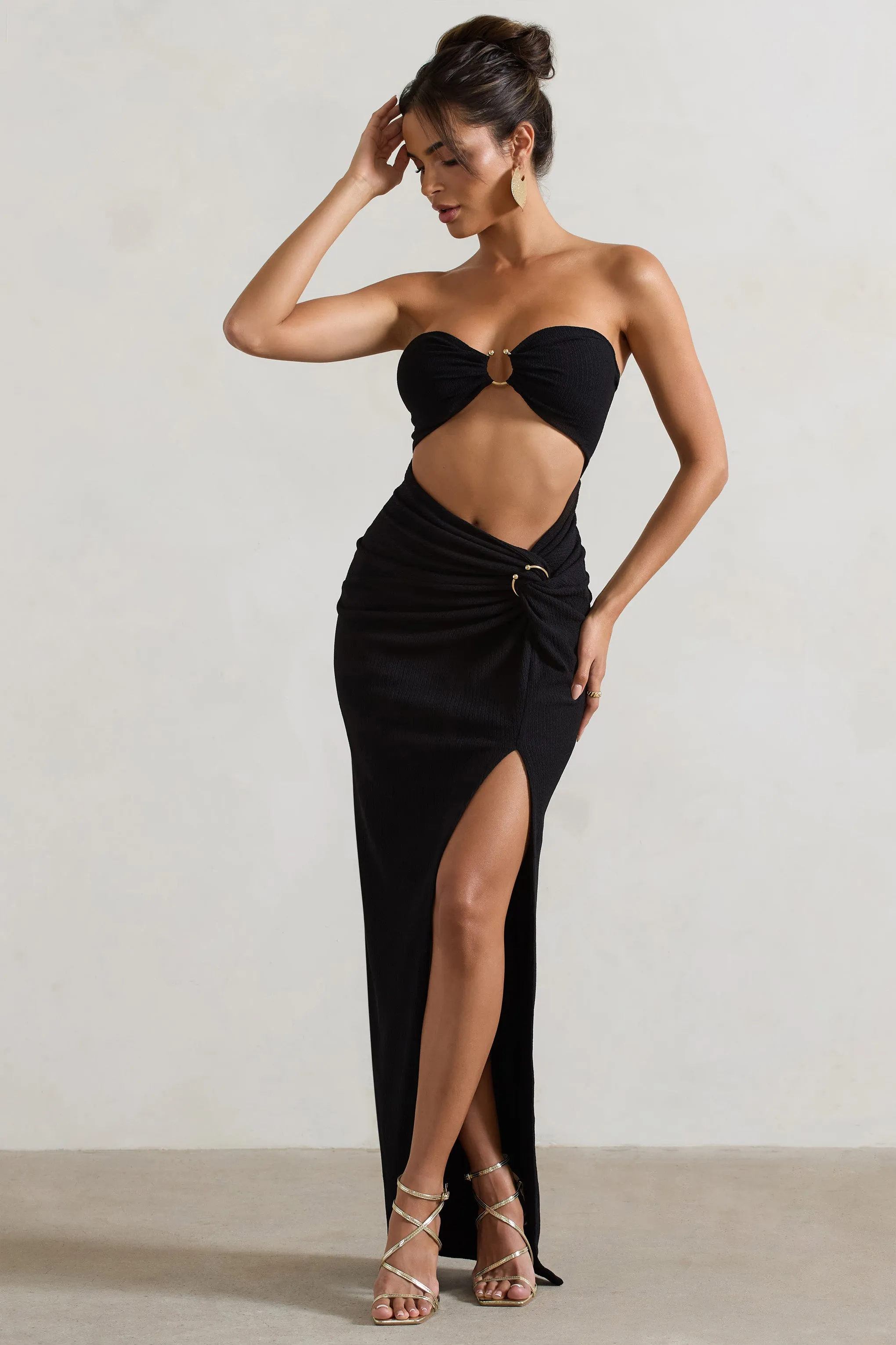 Cancun | Black Crinkle Strapless Cut-Out Maxi Dress With Twist Club L London