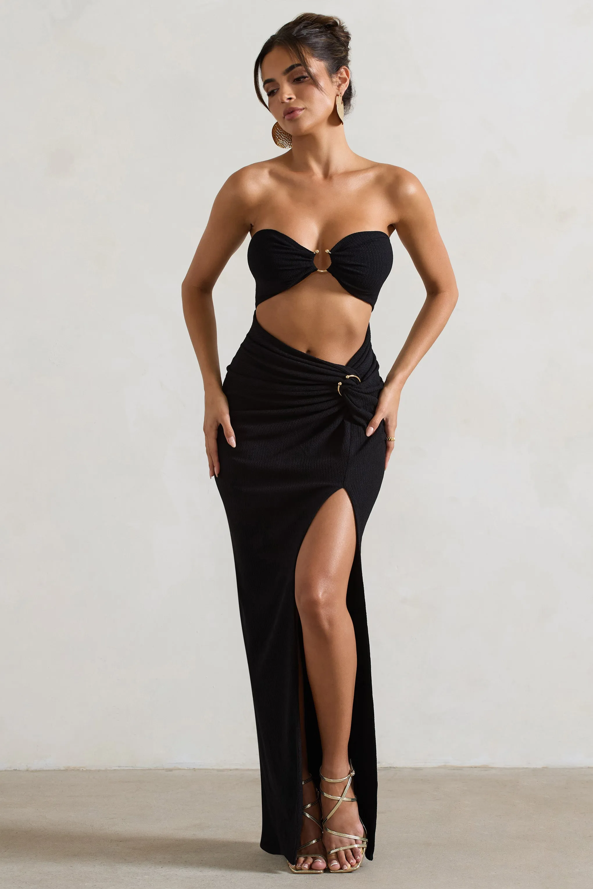 Cancun | Black Crinkle Strapless Cut-Out Maxi Dress With Twist Club L London