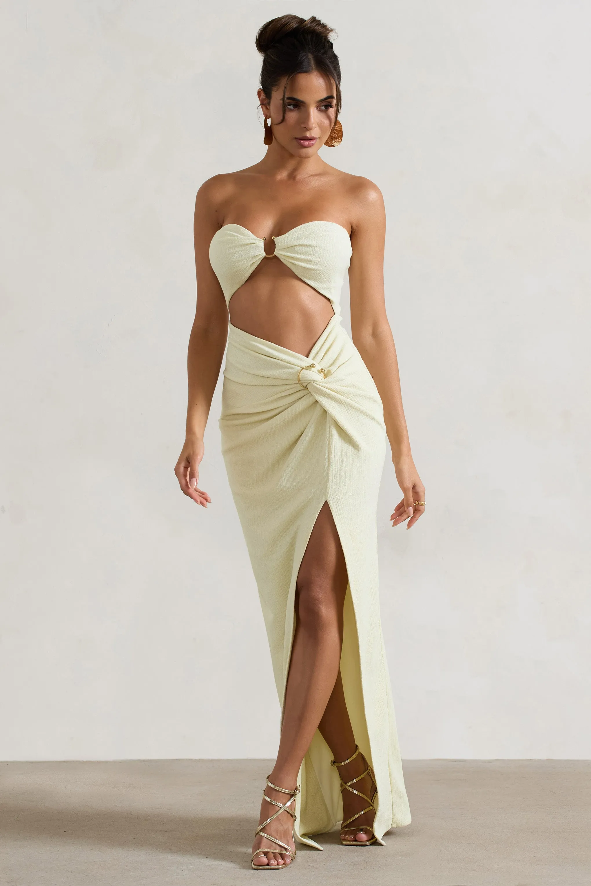 Cancun | Ecru Crinkle Strapless Cut-Out Maxi Dress With Twist Club L London