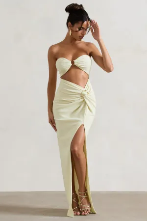 Cancun | Ecru Crinkle Strapless Cut-Out Maxi Dress With Twist Club L London