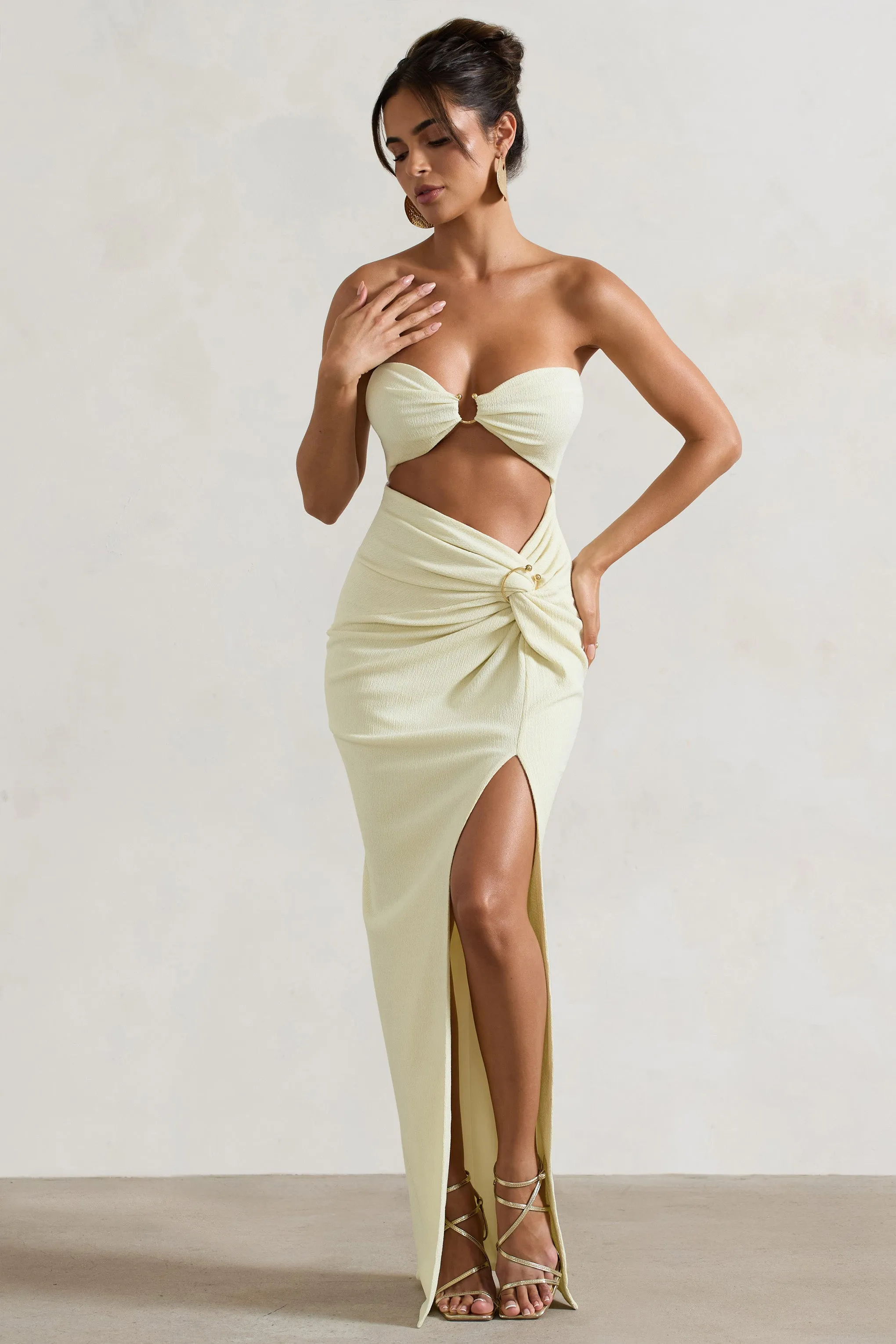 Cancun | Ecru Crinkle Strapless Cut-Out Maxi Dress With Twist Club L London