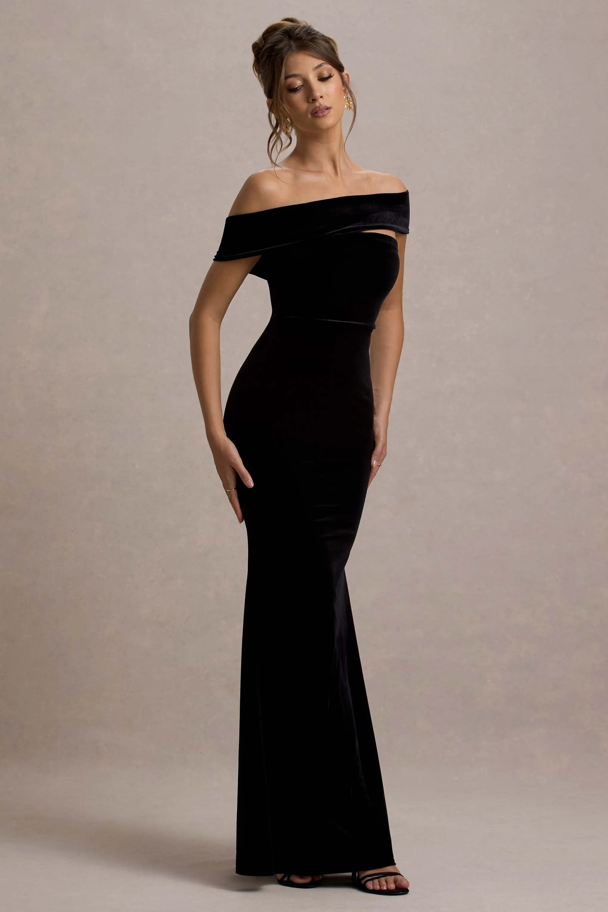Candela | Black Velvet Asymmetric Bardot Maxi Dress Club L London