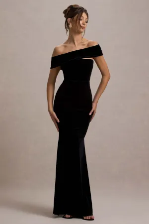 Candela | Black Velvet Asymmetric Bardot Maxi Dress Club L London