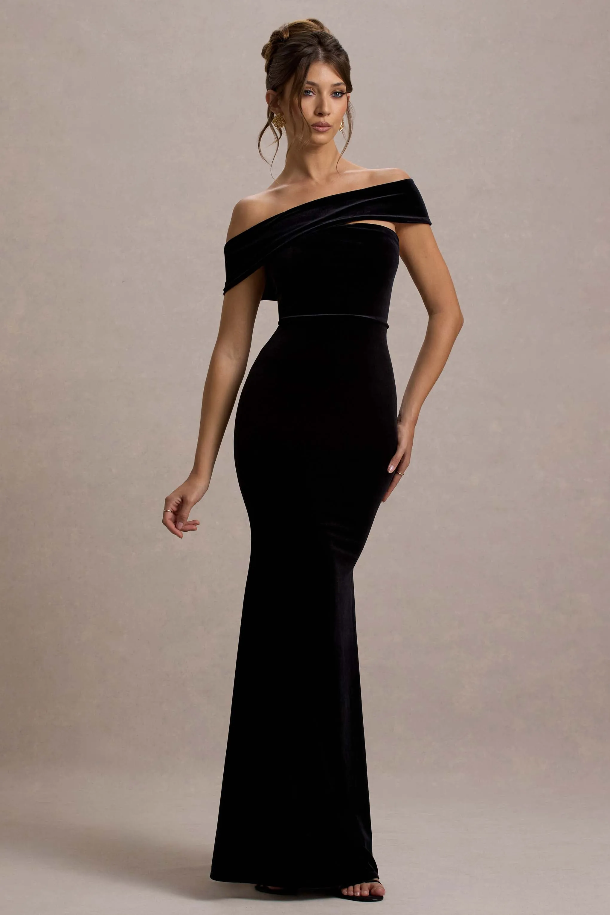 Candela | Black Velvet Asymmetric Bardot Maxi Dress Club L London