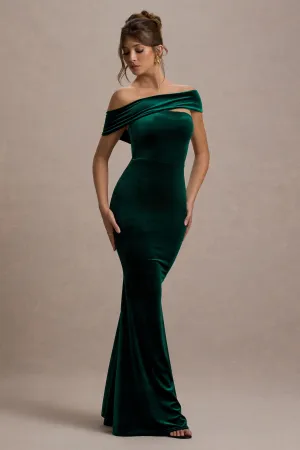 Candela | Bottle Green Velvet Asymmetric Bardot Maxi Dress Club L London