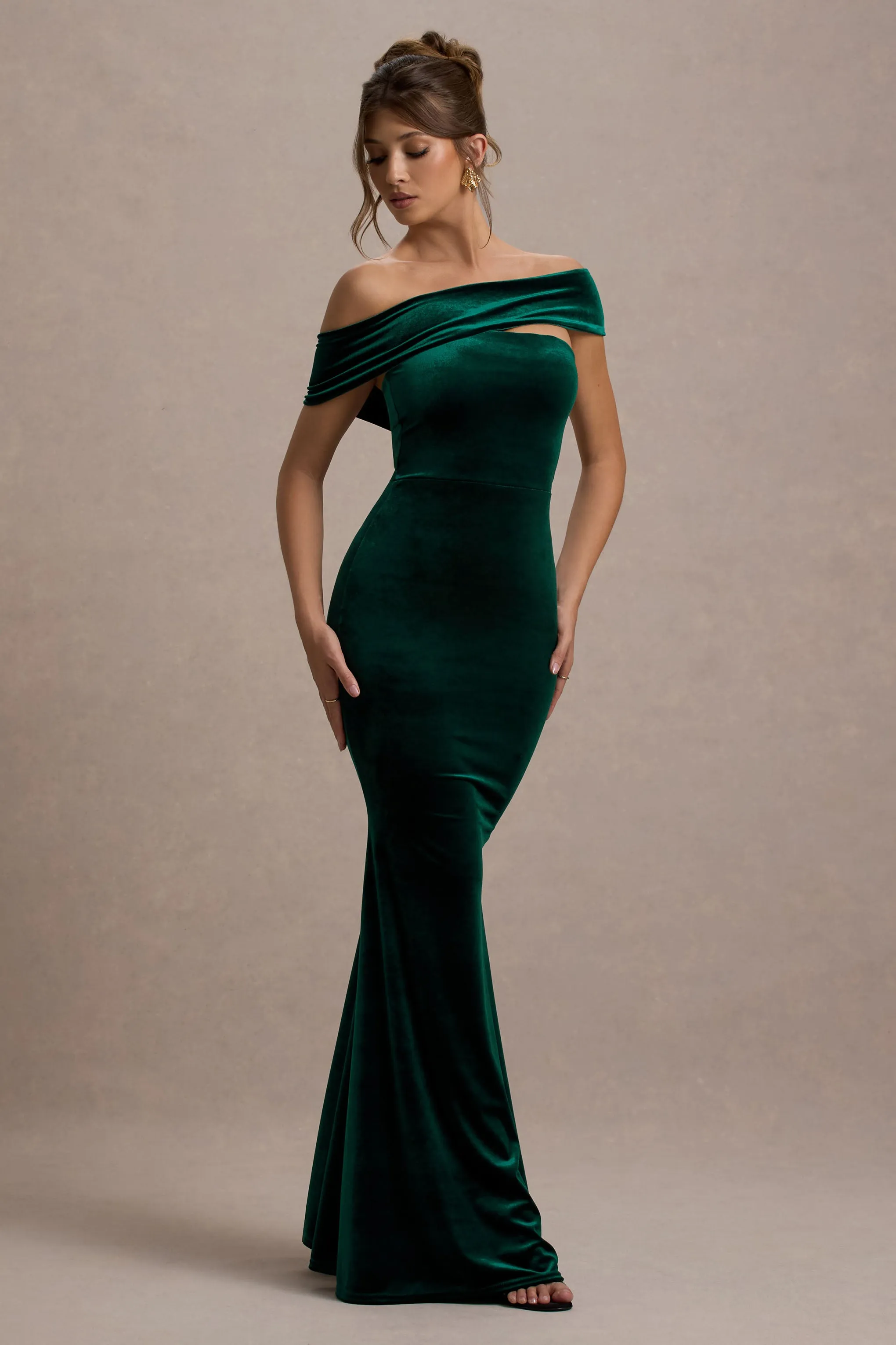 Candela | Bottle Green Velvet Asymmetric Bardot Maxi Dress Club L London