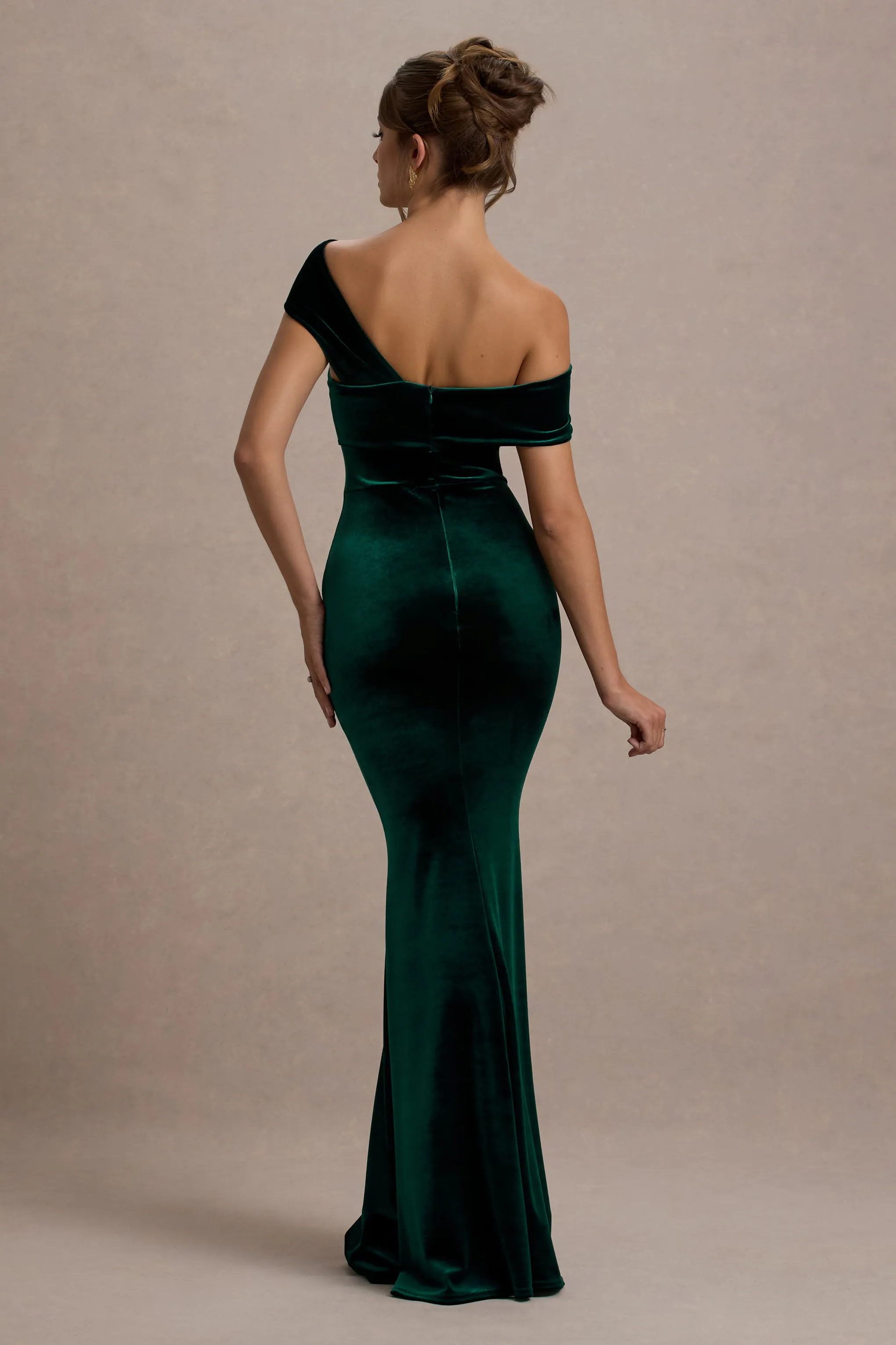 Candela | Bottle Green Velvet Asymmetric Bardot Maxi Dress Club L London