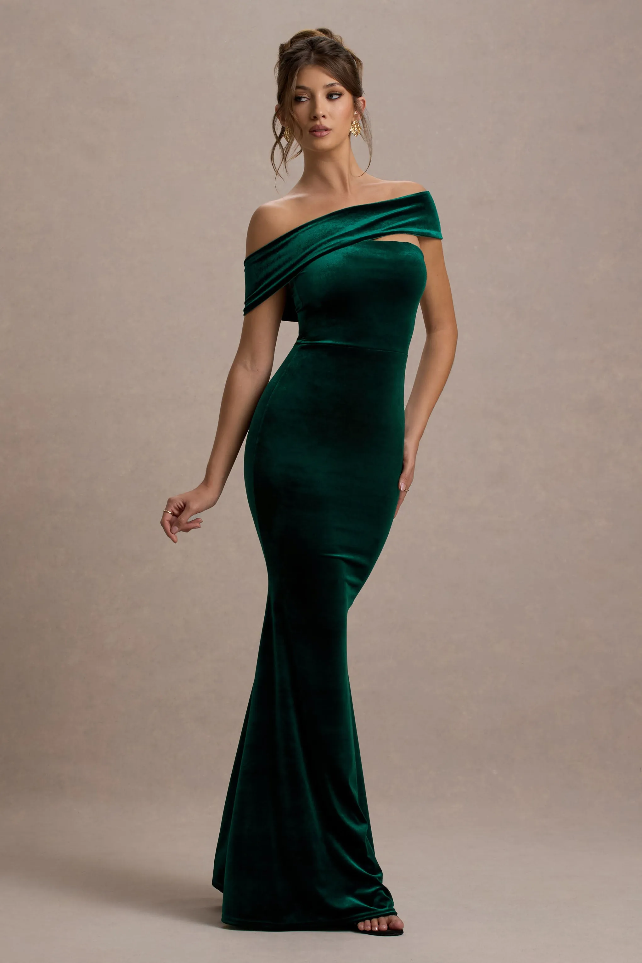 Candela | Bottle Green Velvet Asymmetric Bardot Maxi Dress Club L London