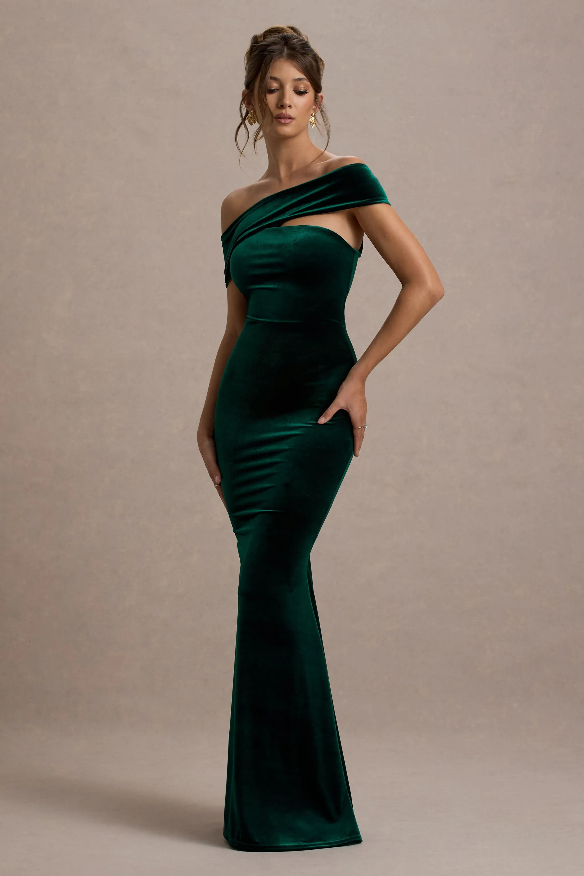 Candela | Bottle Green Velvet Asymmetric Bardot Maxi Dress Club L London