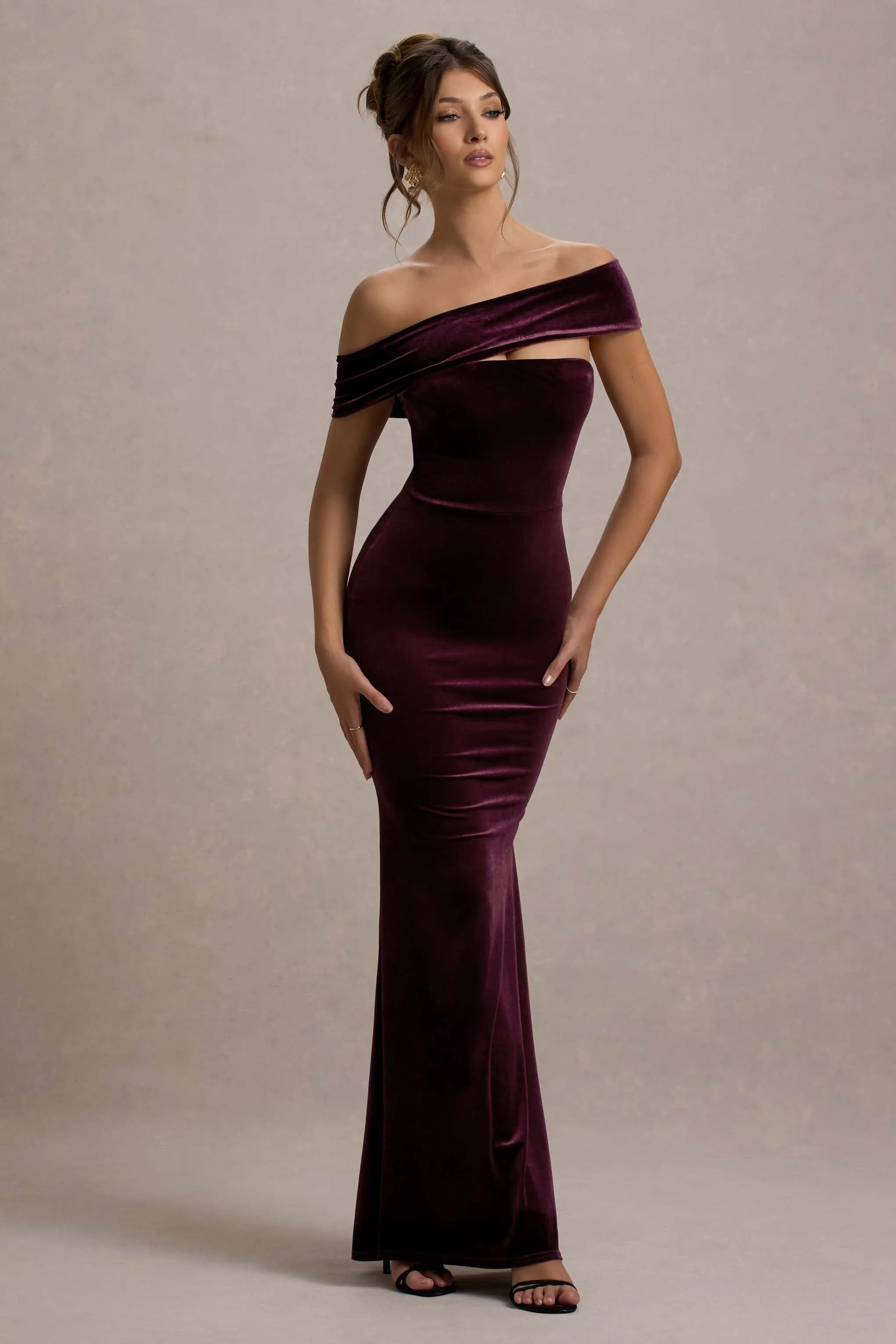 Candela | Port Velvet Asymmetric Bardot Maxi Dress Club L London