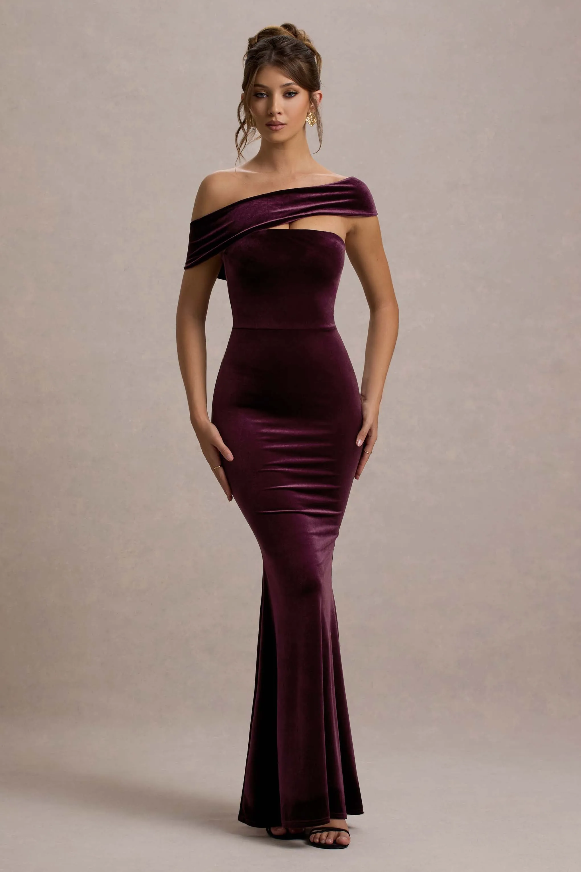 Candela | Port Velvet Asymmetric Bardot Maxi Dress Club L London