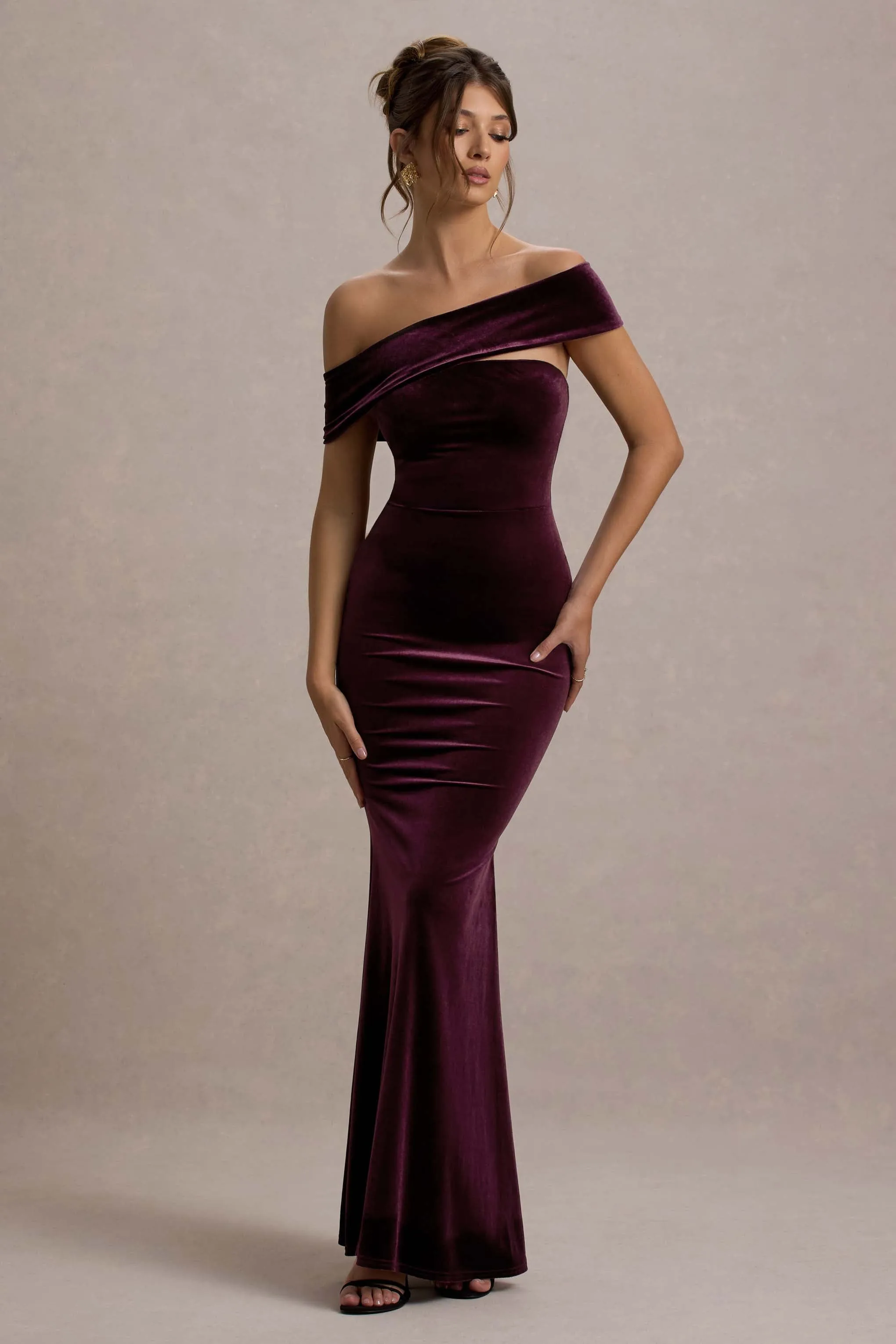 Candela | Port Velvet Asymmetric Bardot Maxi Dress Club L London