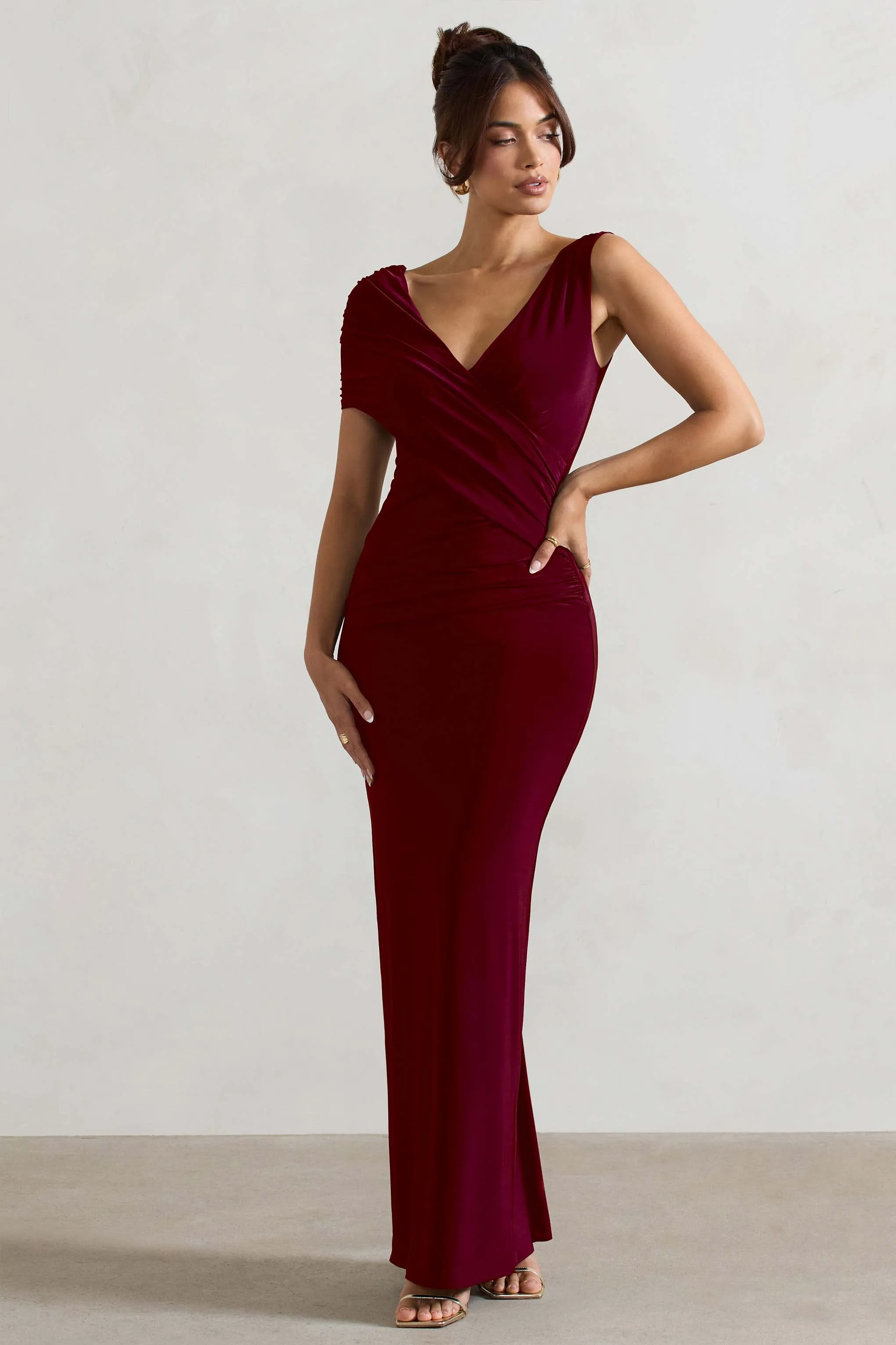 Capella | Berry Asymmetric Wrap Maxi Dress Club L London