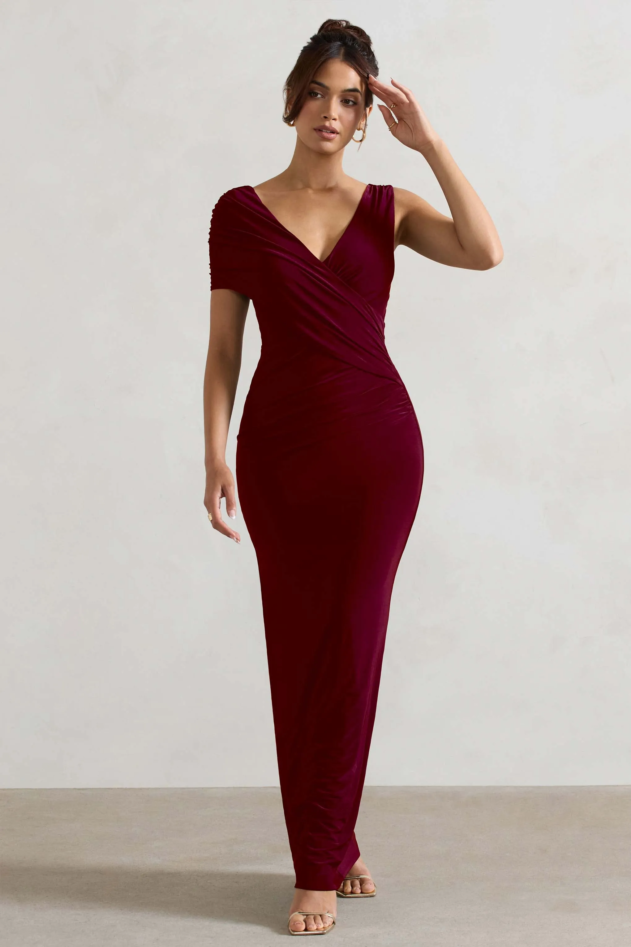 Capella | Berry Asymmetric Wrap Maxi Dress Club L London