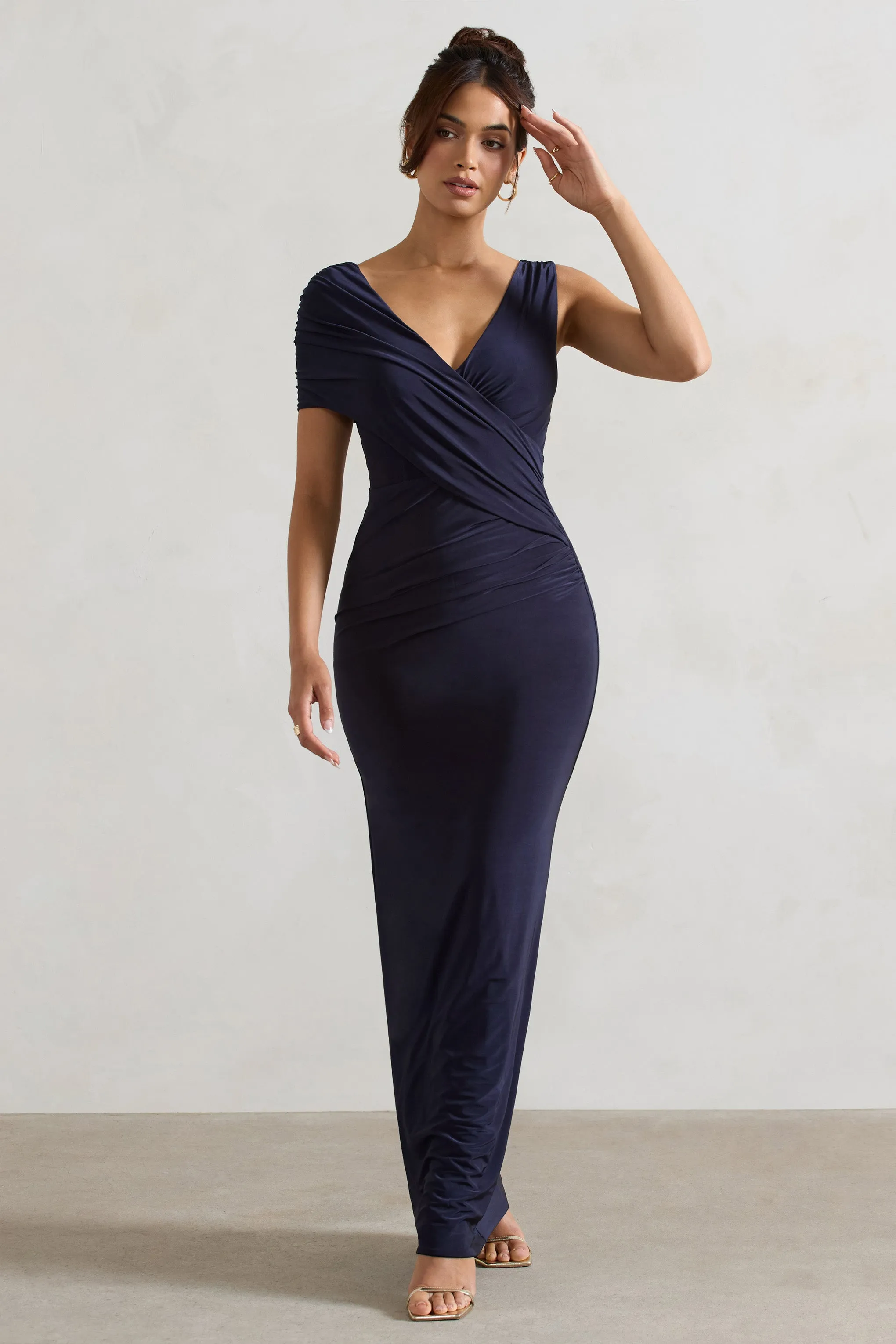 Capella | Navy Asymmetric Wrap Maxi Dress Club L London