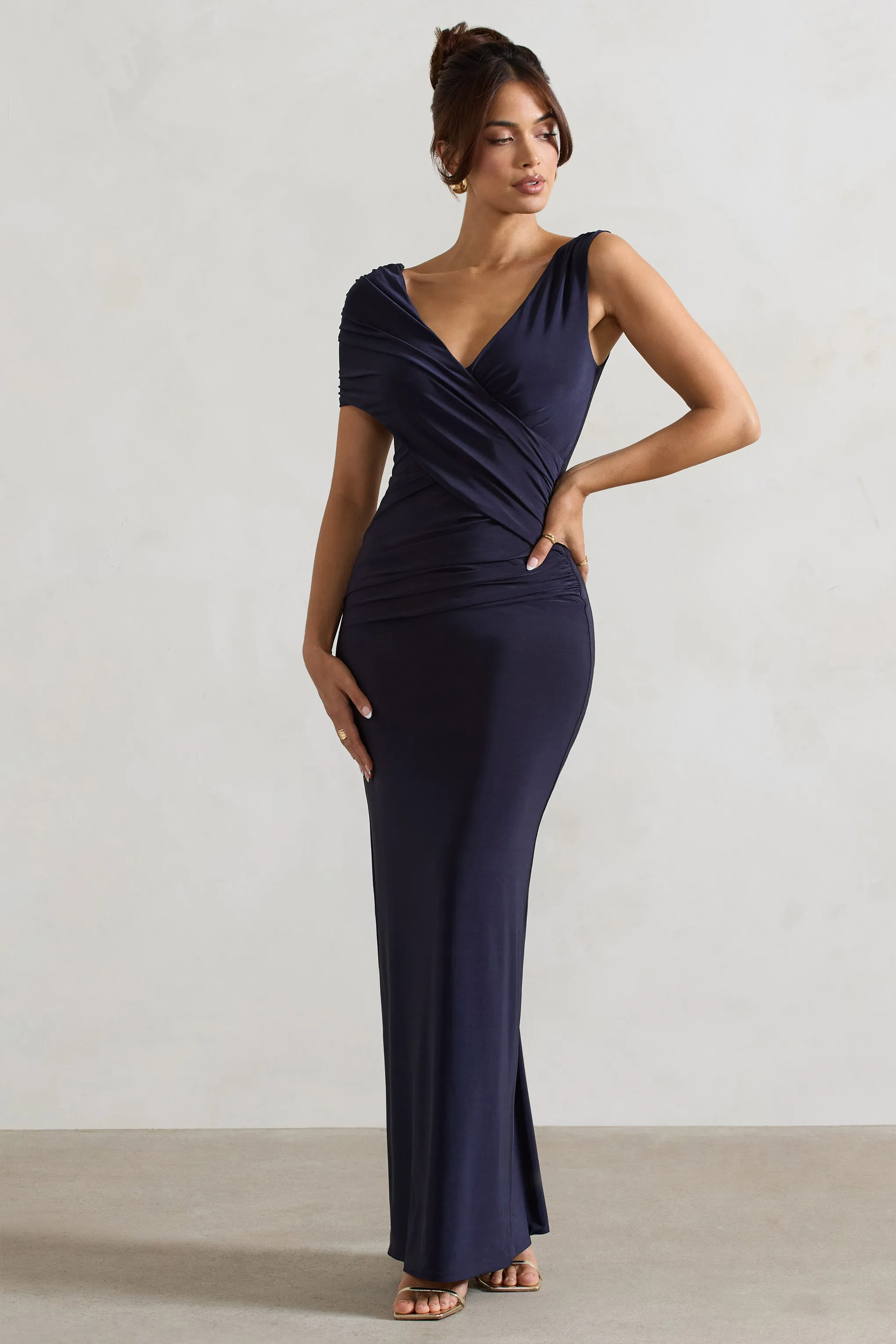 Capella | Navy Asymmetric Wrap Maxi Dress Club L London