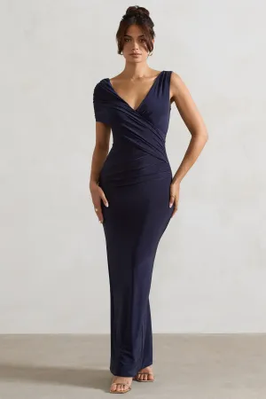 Capella | Navy Asymmetric Wrap Maxi Dress Club L London