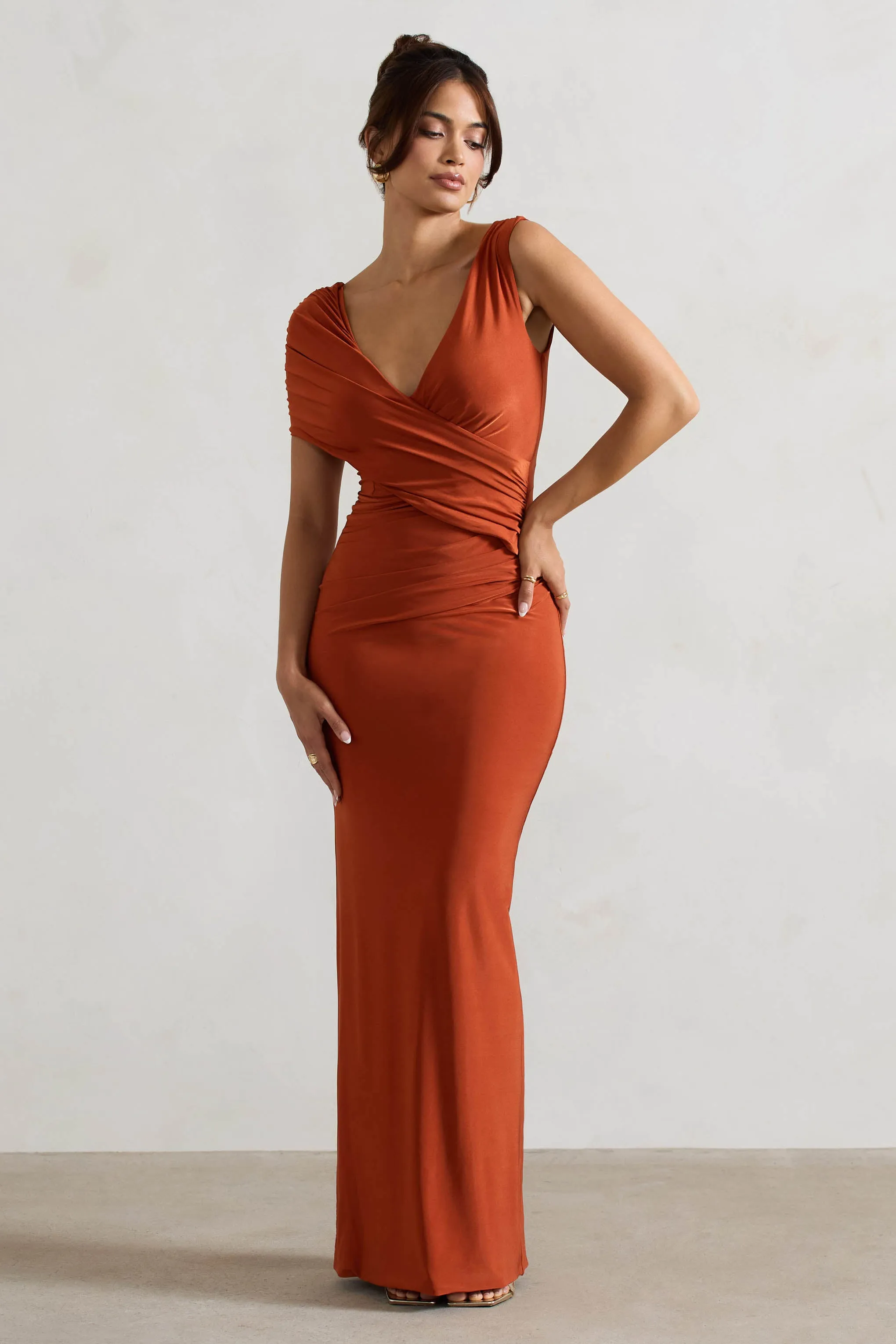 Capella | Rust Asymmetric Wrap Maxi Dress Club L London