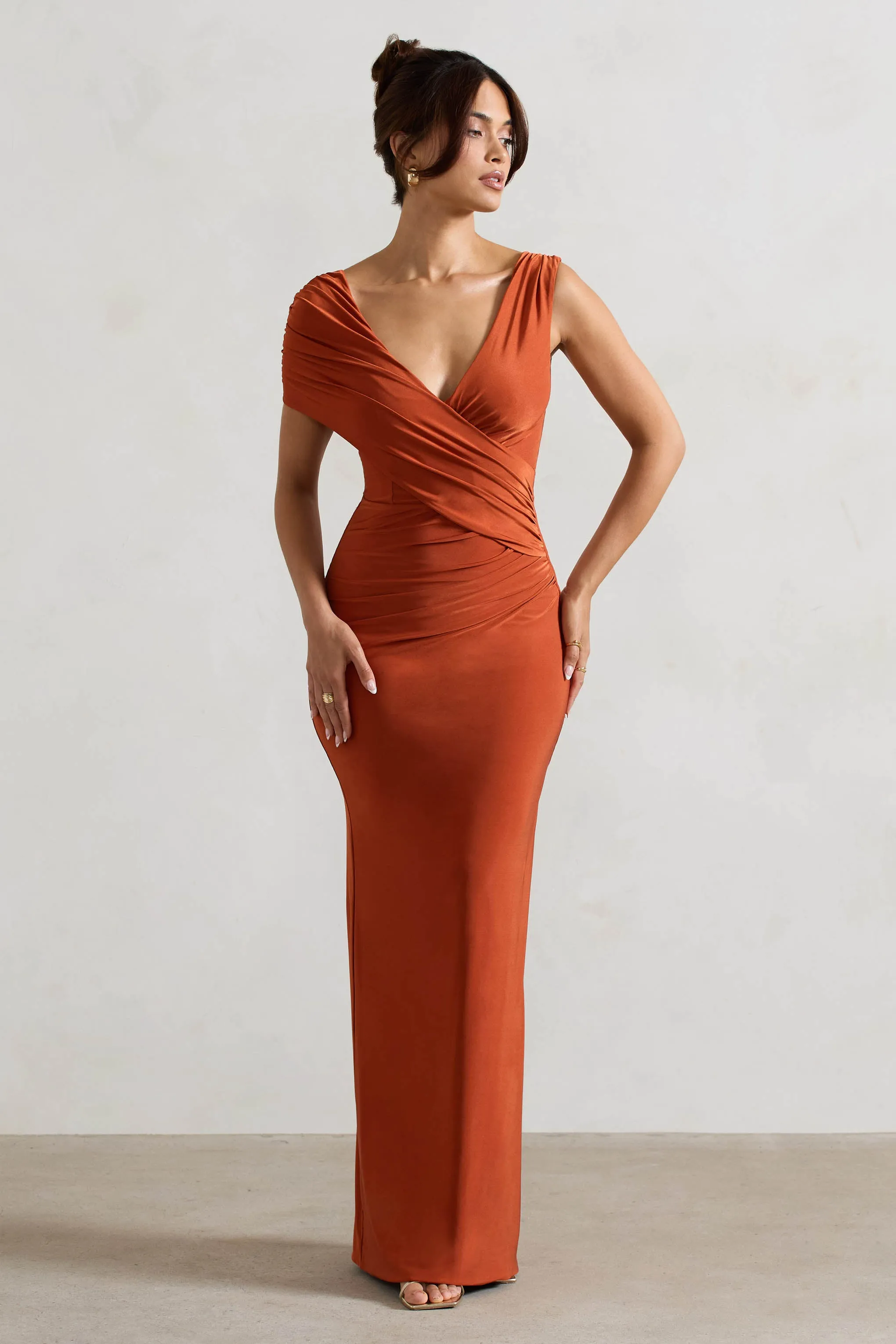 Capella | Rust Asymmetric Wrap Maxi Dress Club L London