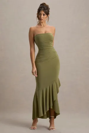 Capria | Olive Green Bandeau Wrap Maxi Dress Club L London