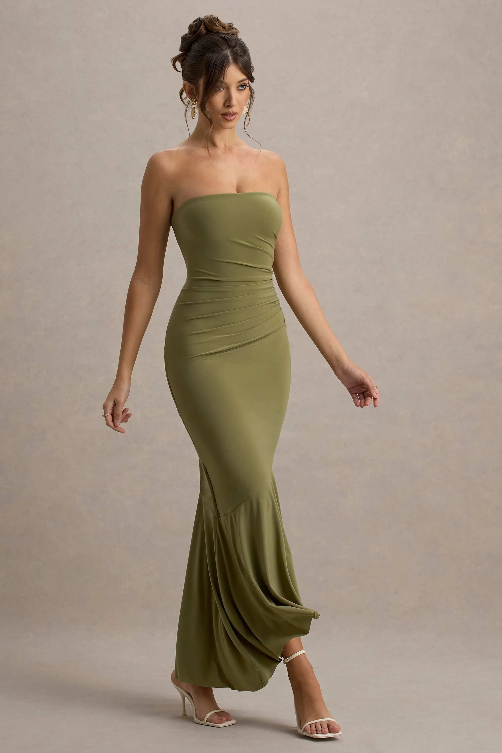 Capria | Olive Green Bandeau Wrap Maxi Dress Club L London
