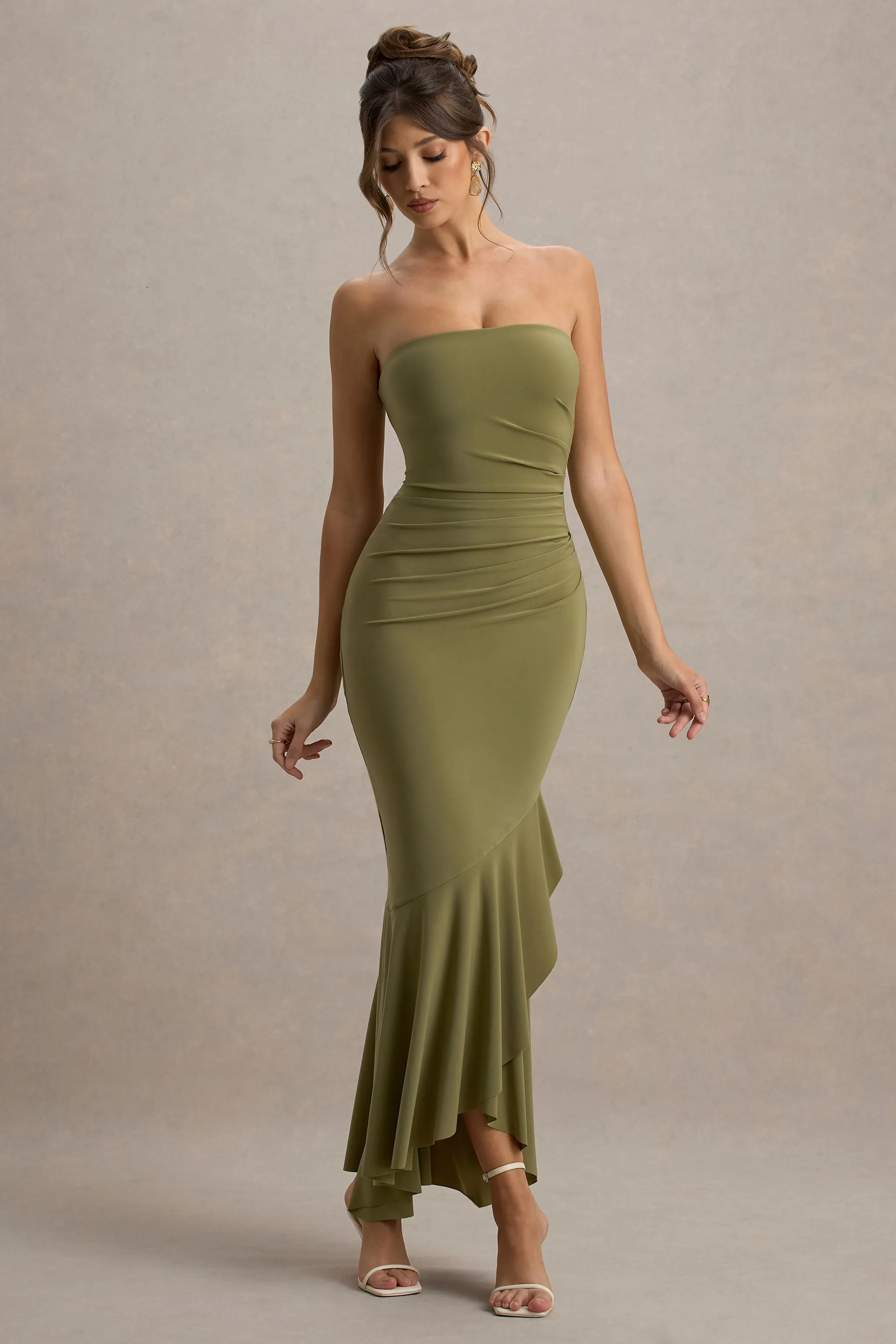 Capria | Olive Green Bandeau Wrap Maxi Dress Club L London