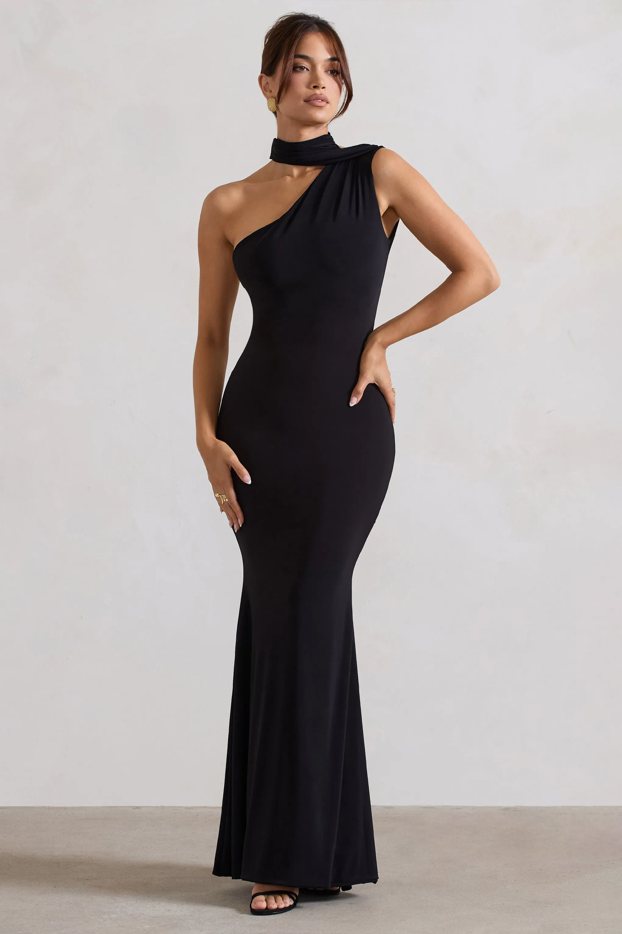 Capucine | Black One Shoulder Draped Maxi Dress Club L London