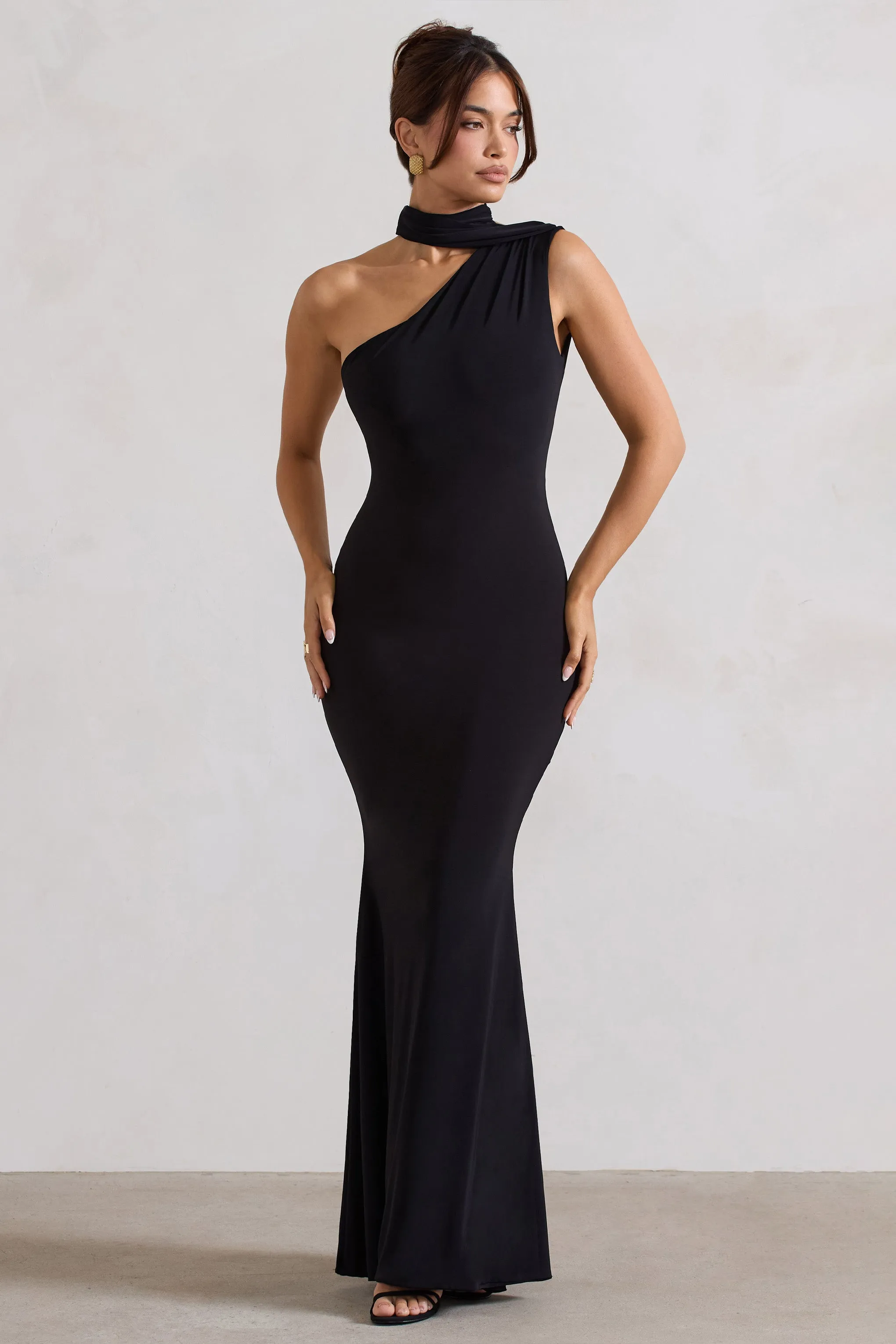 Capucine | Black One Shoulder Draped Maxi Dress Club L London