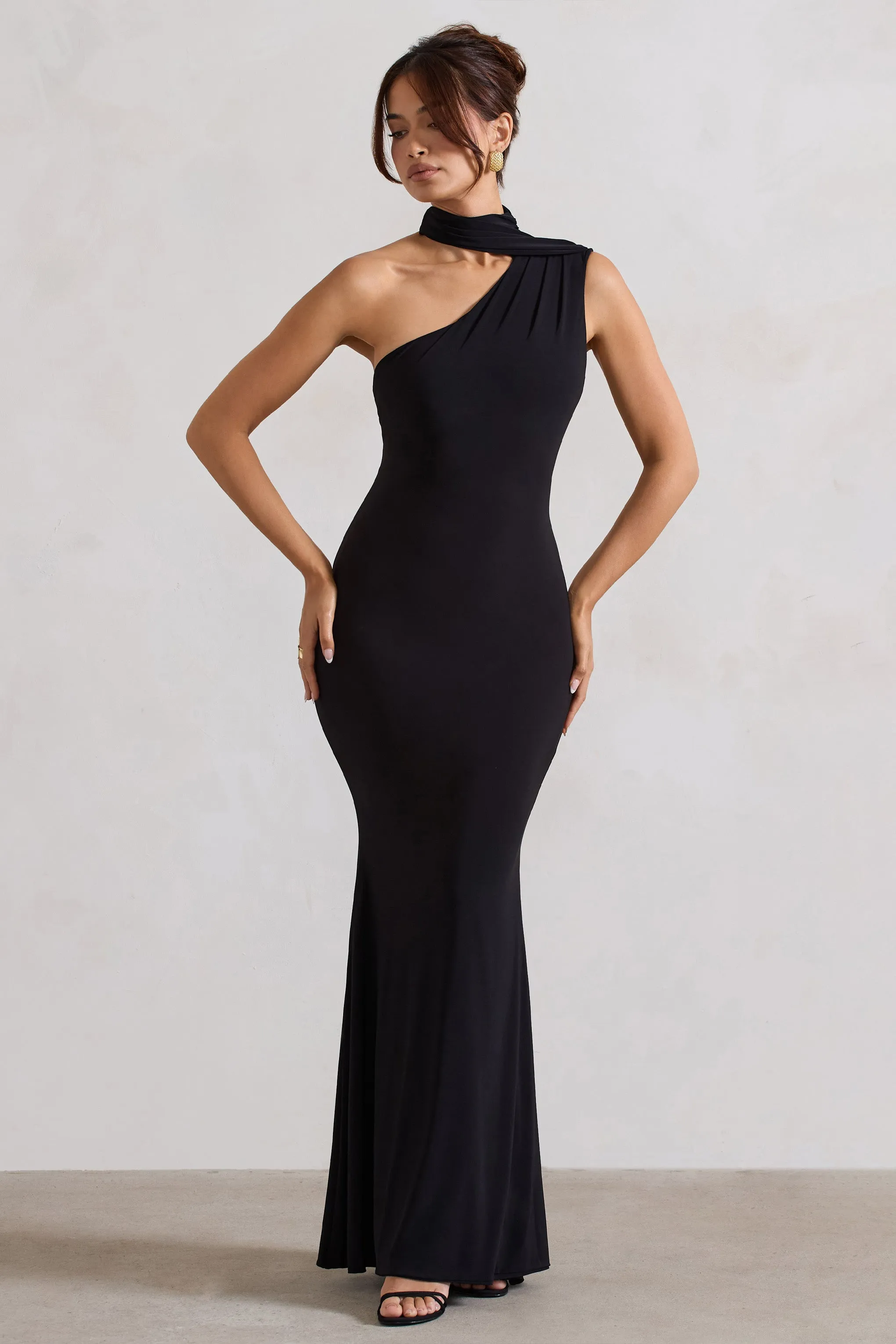 Capucine | Black One Shoulder Draped Maxi Dress Club L London