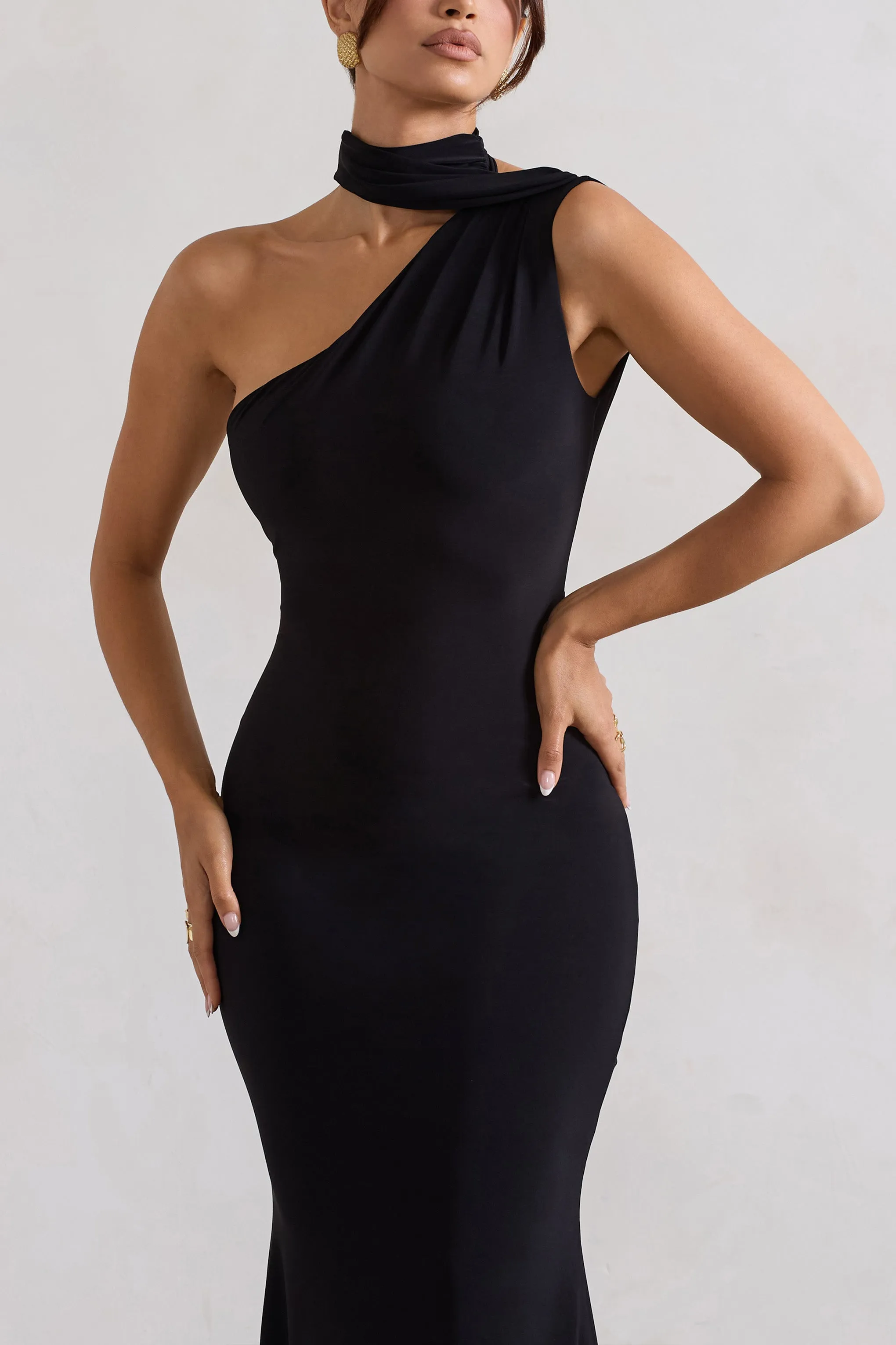 Capucine | Black One Shoulder Draped Maxi Dress Club L London