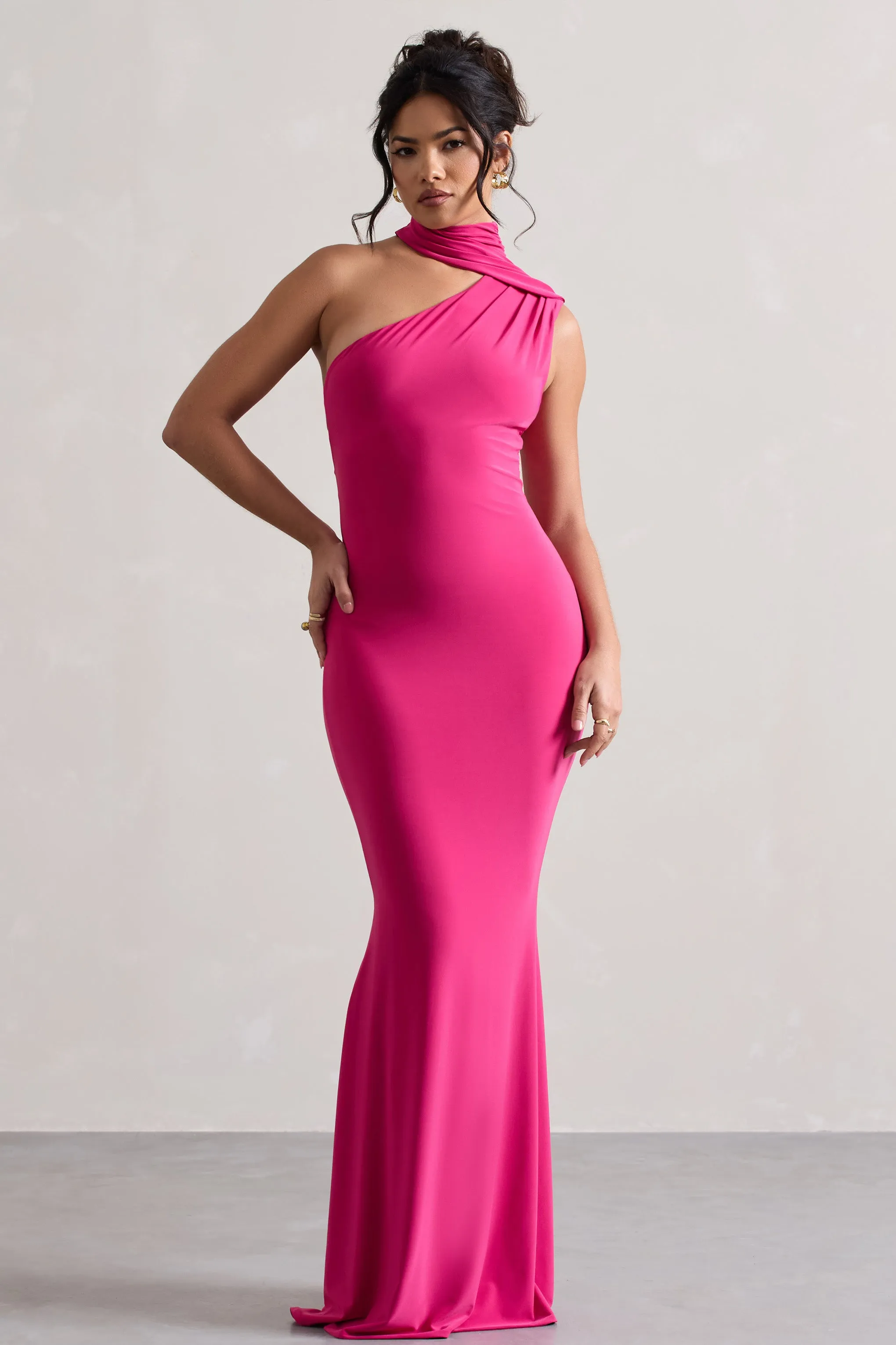 Capucine | Pink One Shoulder Draped Maxi Dress Club L London