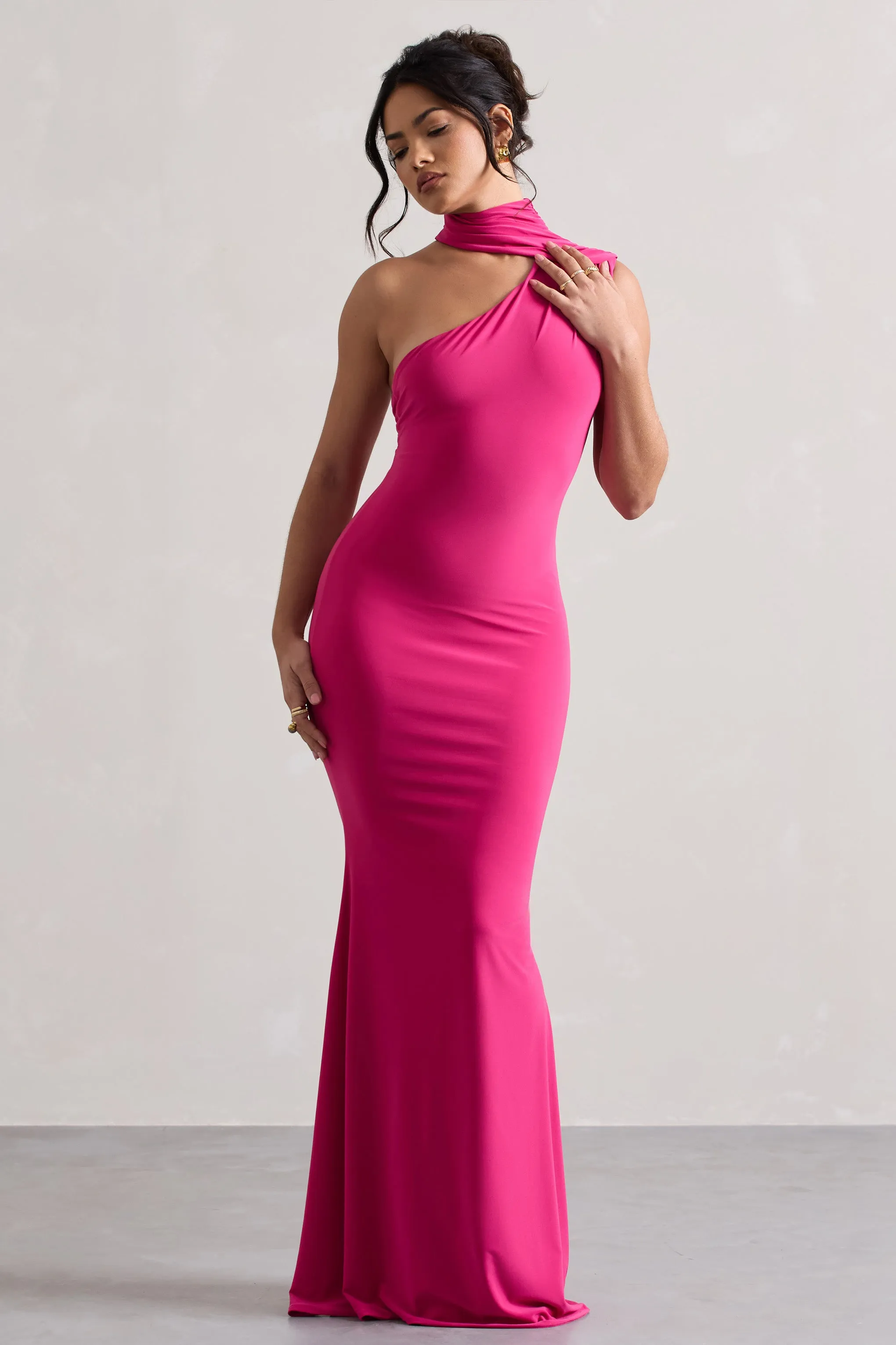 Capucine | Pink One Shoulder Draped Maxi Dress Club L London