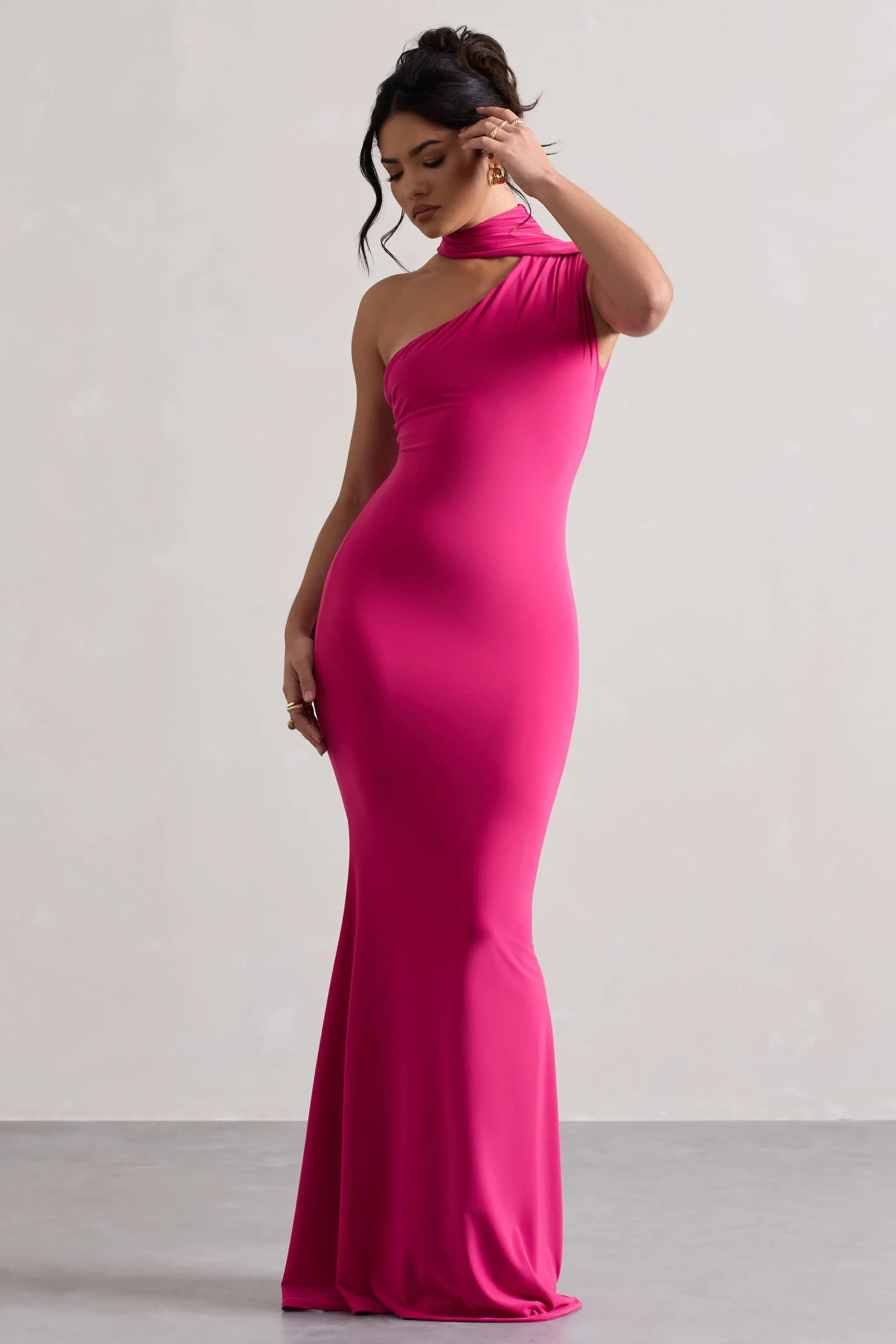 Capucine | Pink One Shoulder Draped Maxi Dress Club L London