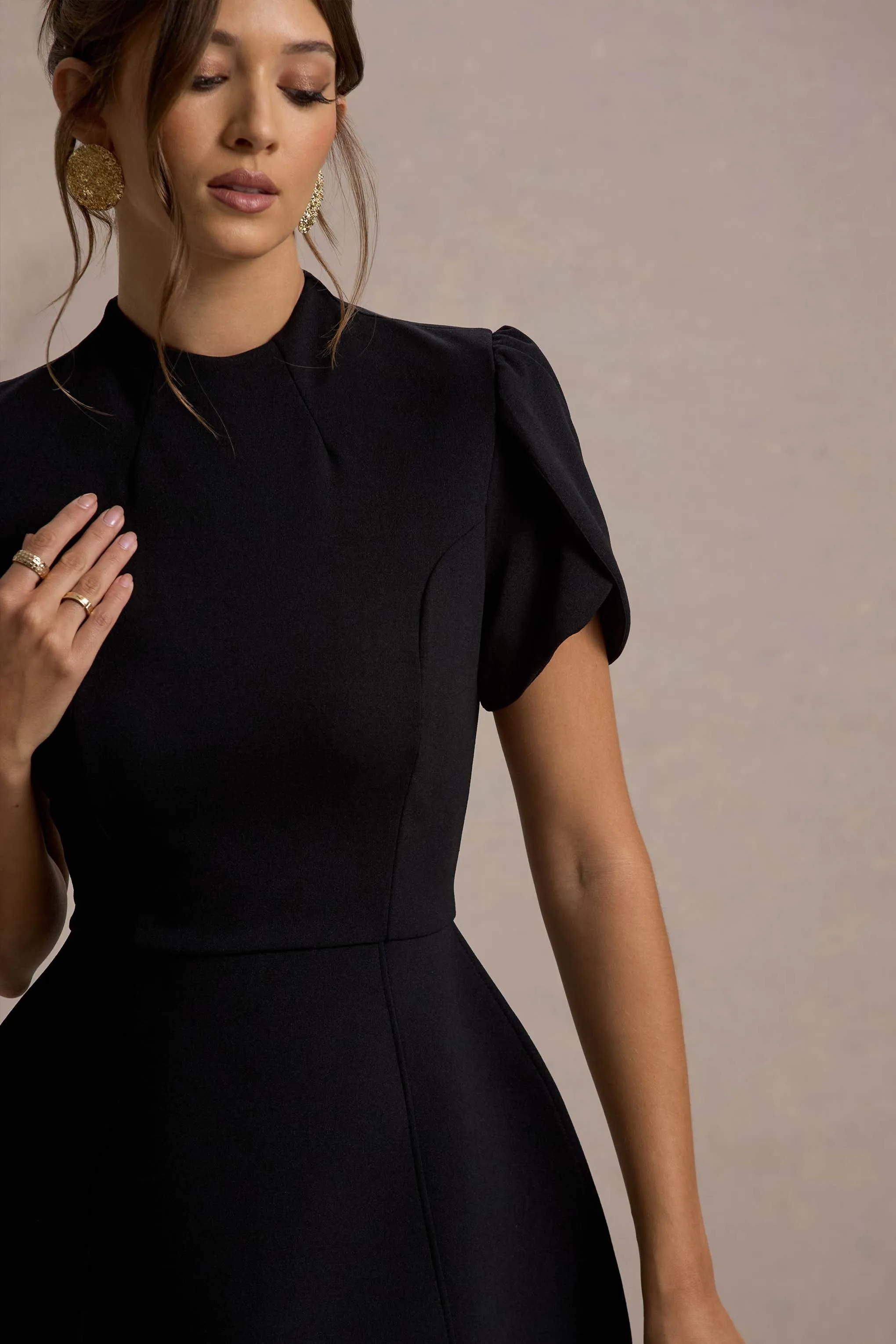 Carabella | Black High-Neck Short-Sleeve Mini Dress Club L London
