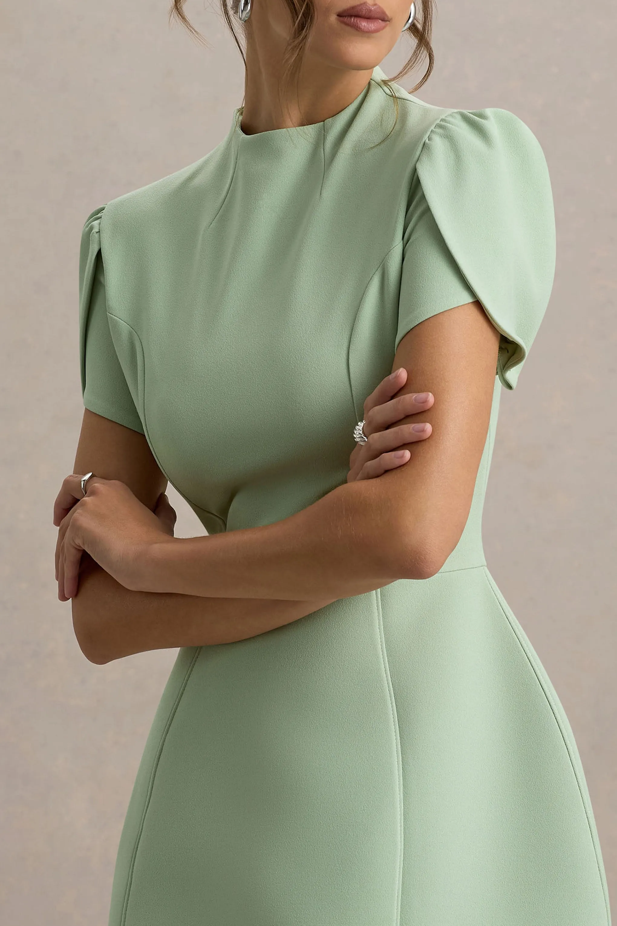 Carabella | Light Green High-Neck Short-Sleeve Mini Dress Club L London