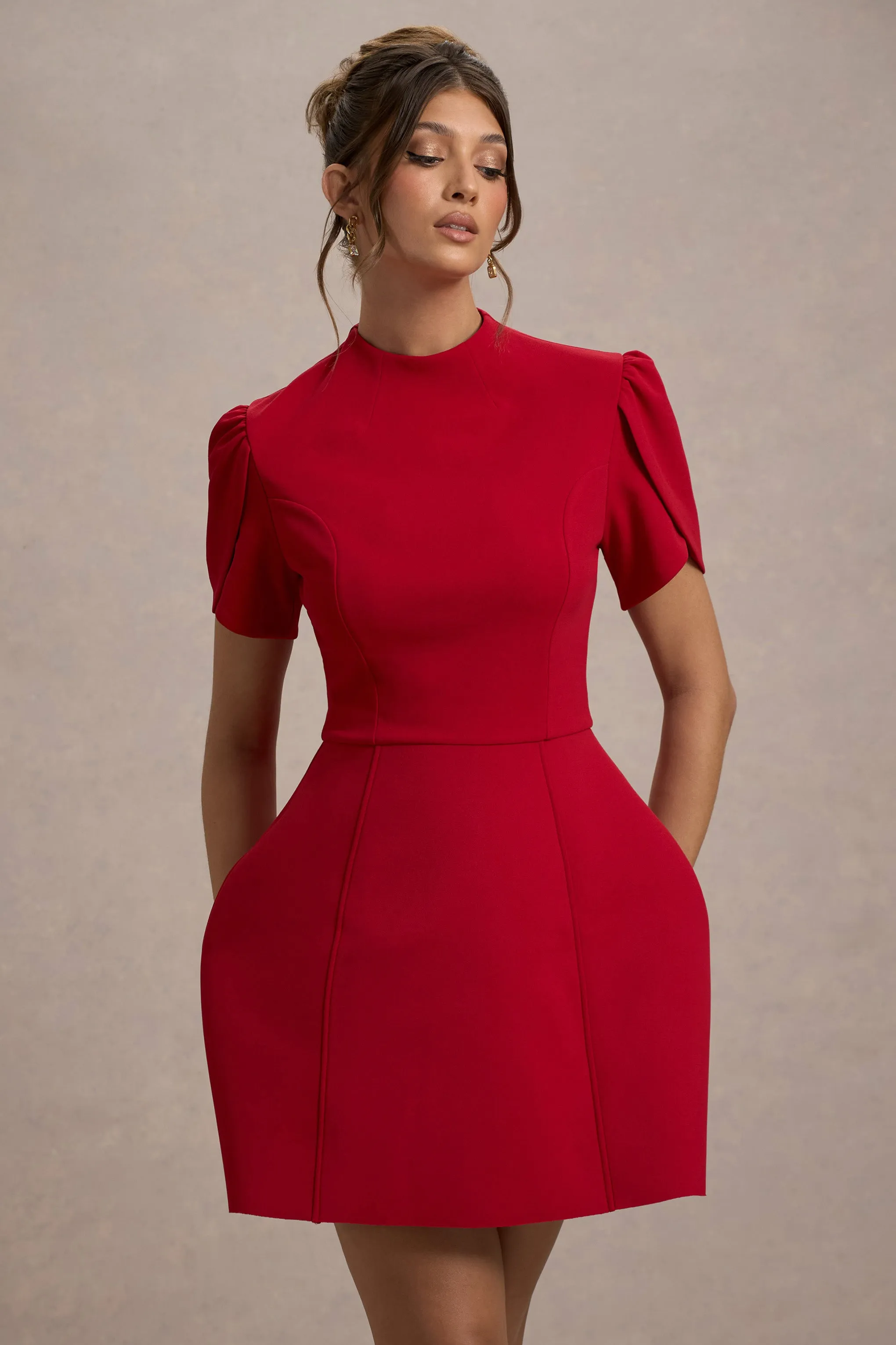 Carabella | Red High-Neck Short-Sleeve Mini Dress Club L London