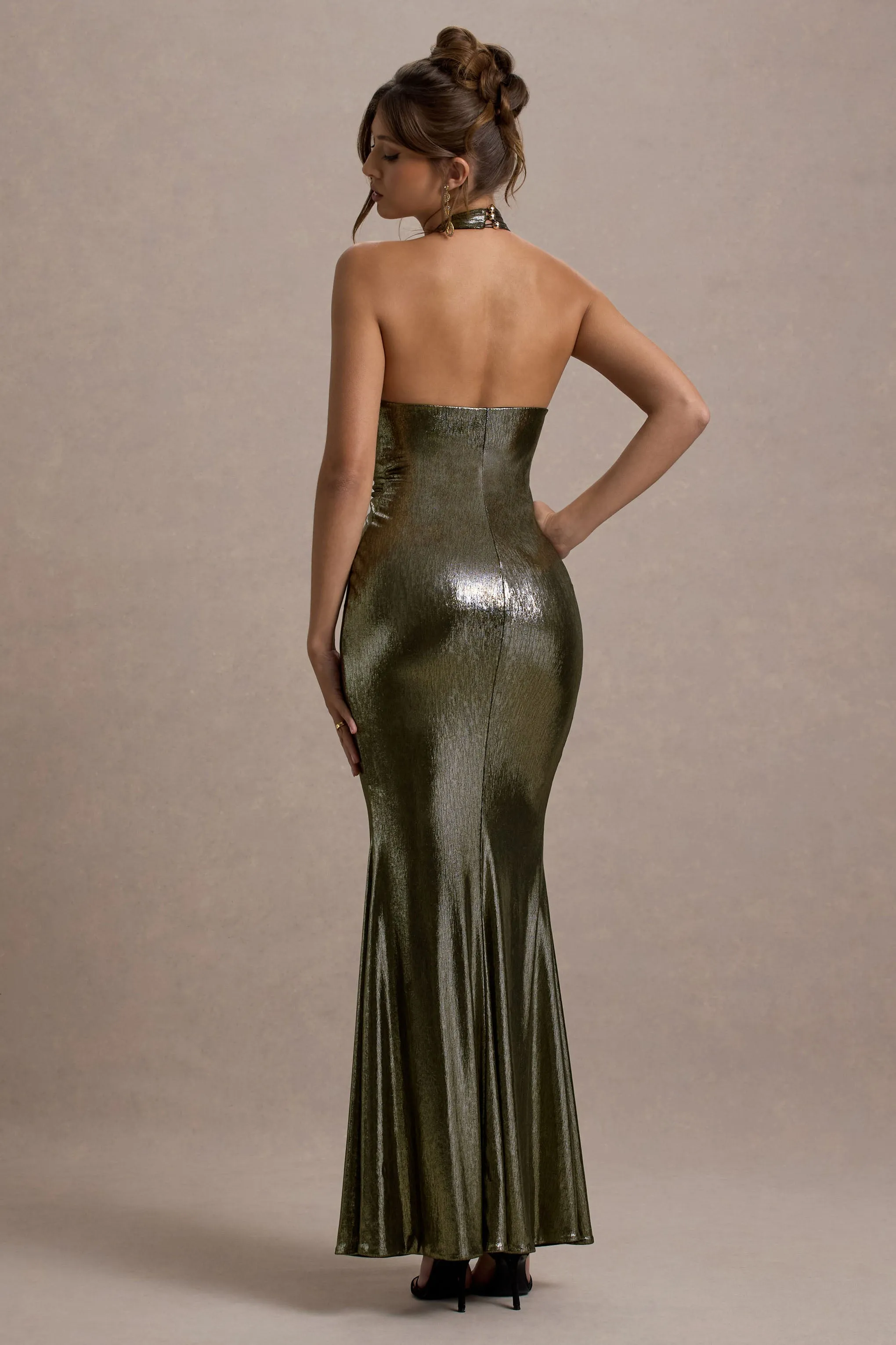Carana | Gold Plunge-Neck Knotted Split Maxi Dress Club L London