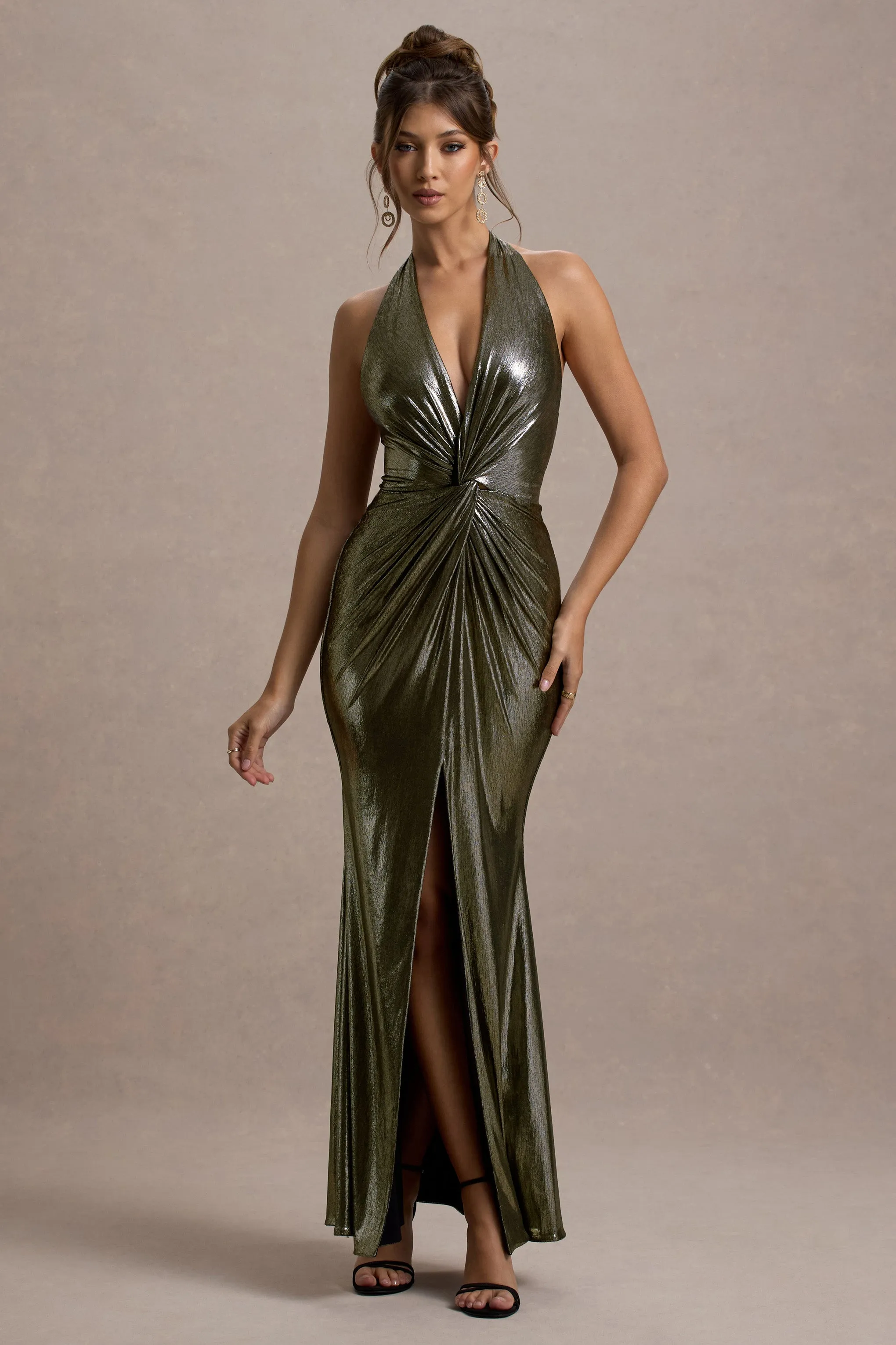 Carana | Gold Plunge-Neck Knotted Split Maxi Dress Club L London