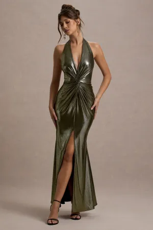 Carana | Gold Plunge-Neck Knotted Split Maxi Dress Club L London