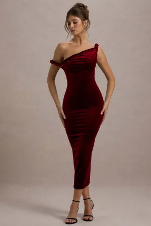 Carella | Berry Velvet Twisted Asymmetric Midi Dress Club L London