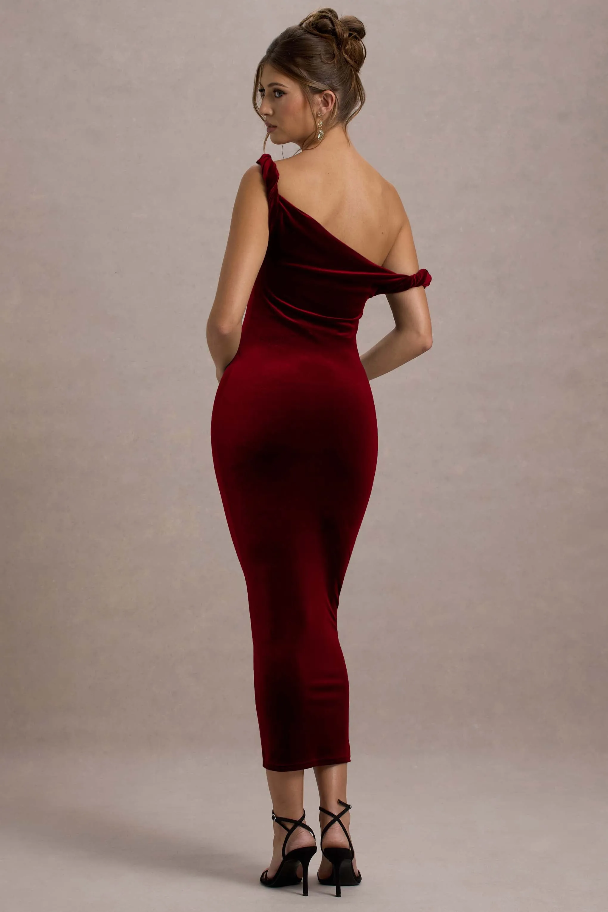 Carella | Berry Velvet Twisted Asymmetric Midi Dress Club L London