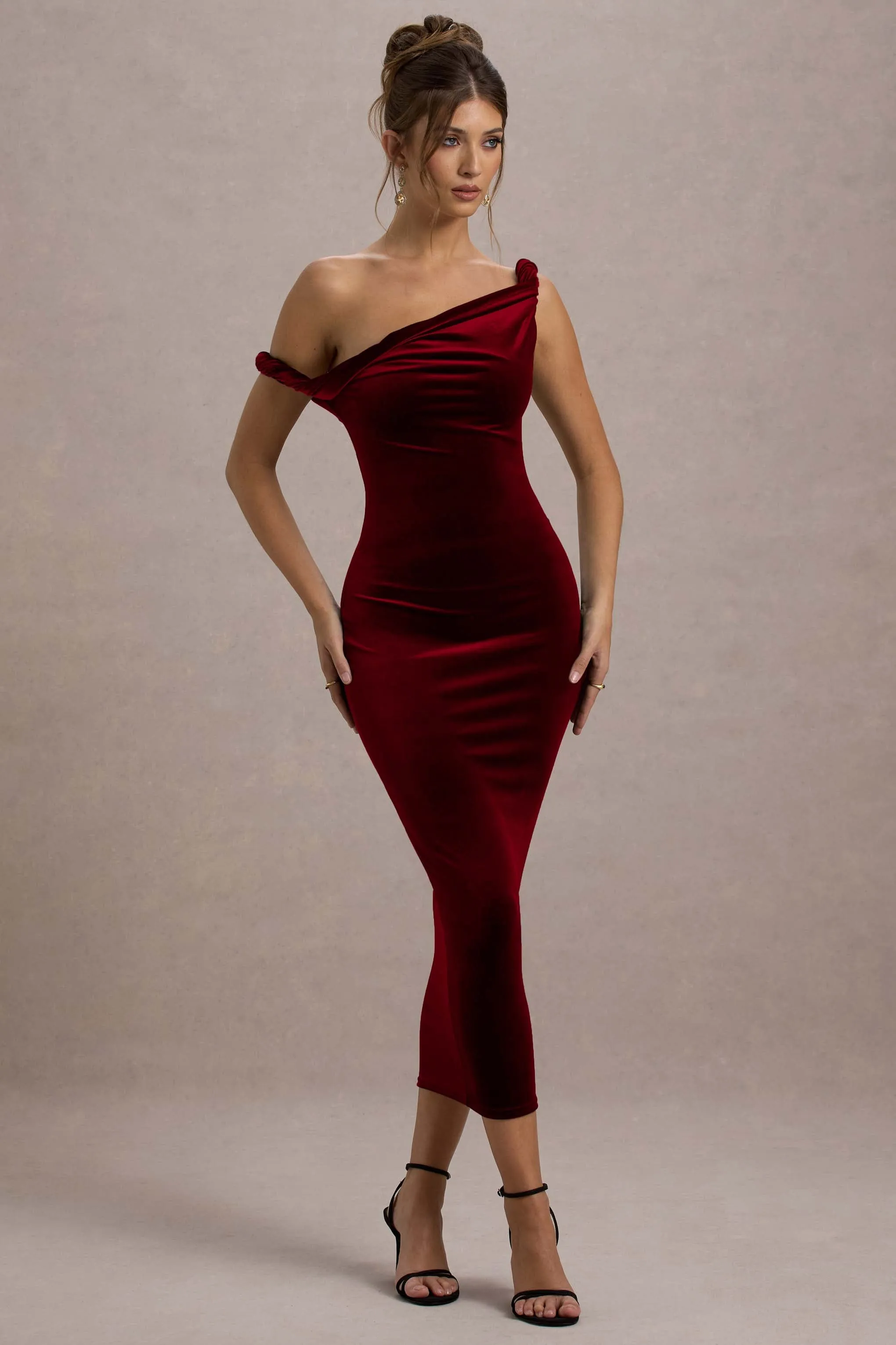 Carella | Berry Velvet Twisted Asymmetric Midi Dress Club L London