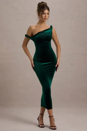 Carella | Bottle Green Velvet Twisted Asymmetric Midi Dress Club L London