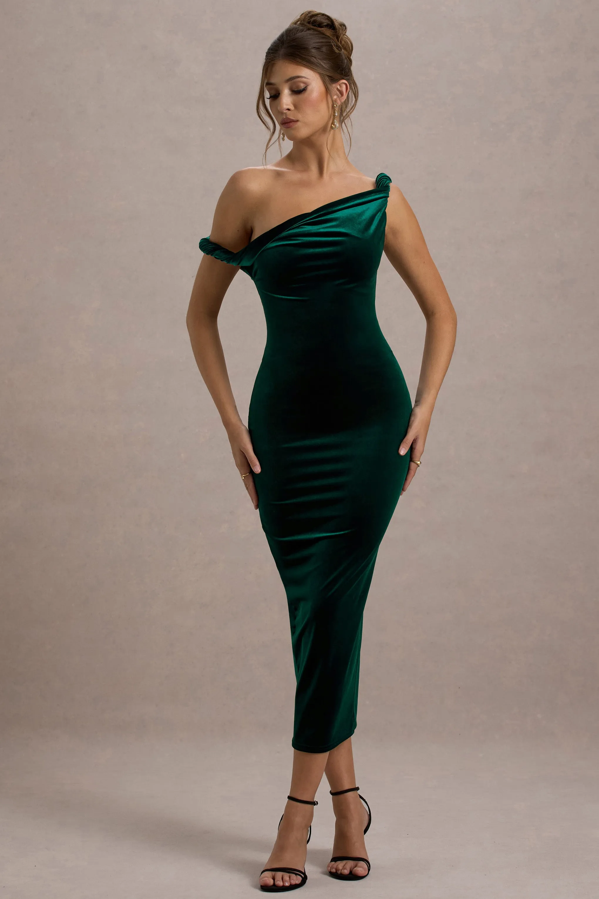 Carella | Bottle Green Velvet Twisted Asymmetric Midi Dress Club L London