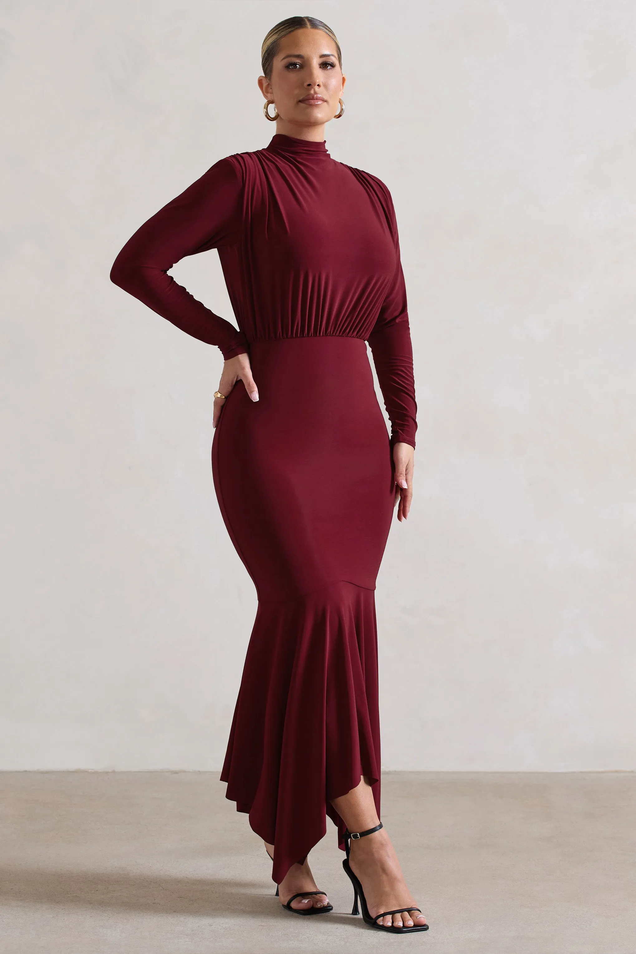 Carla | Berry High-Neck Maxi Dress With Draped Hem Club L London