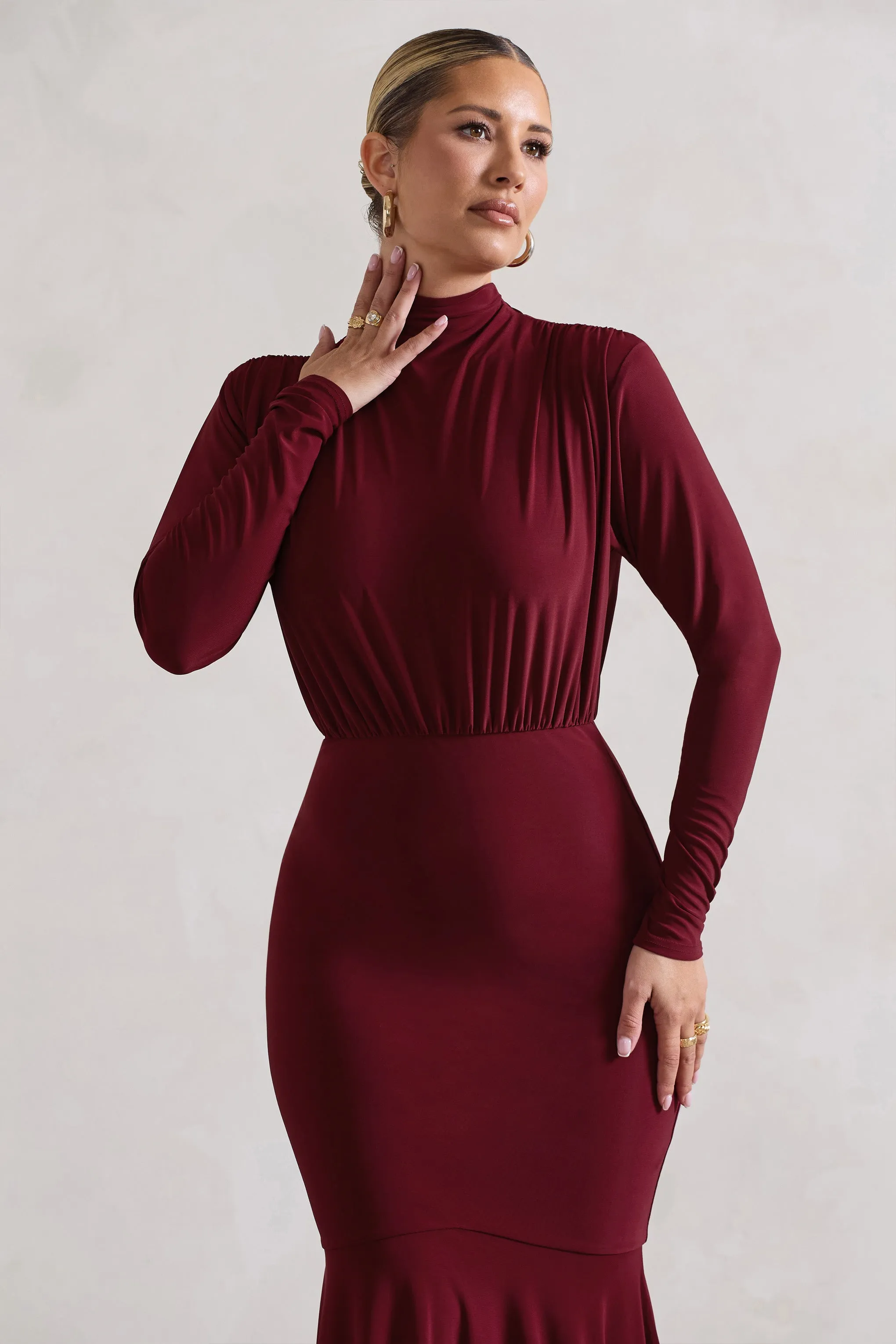 Carla | Berry High-Neck Maxi Dress With Draped Hem Club L London