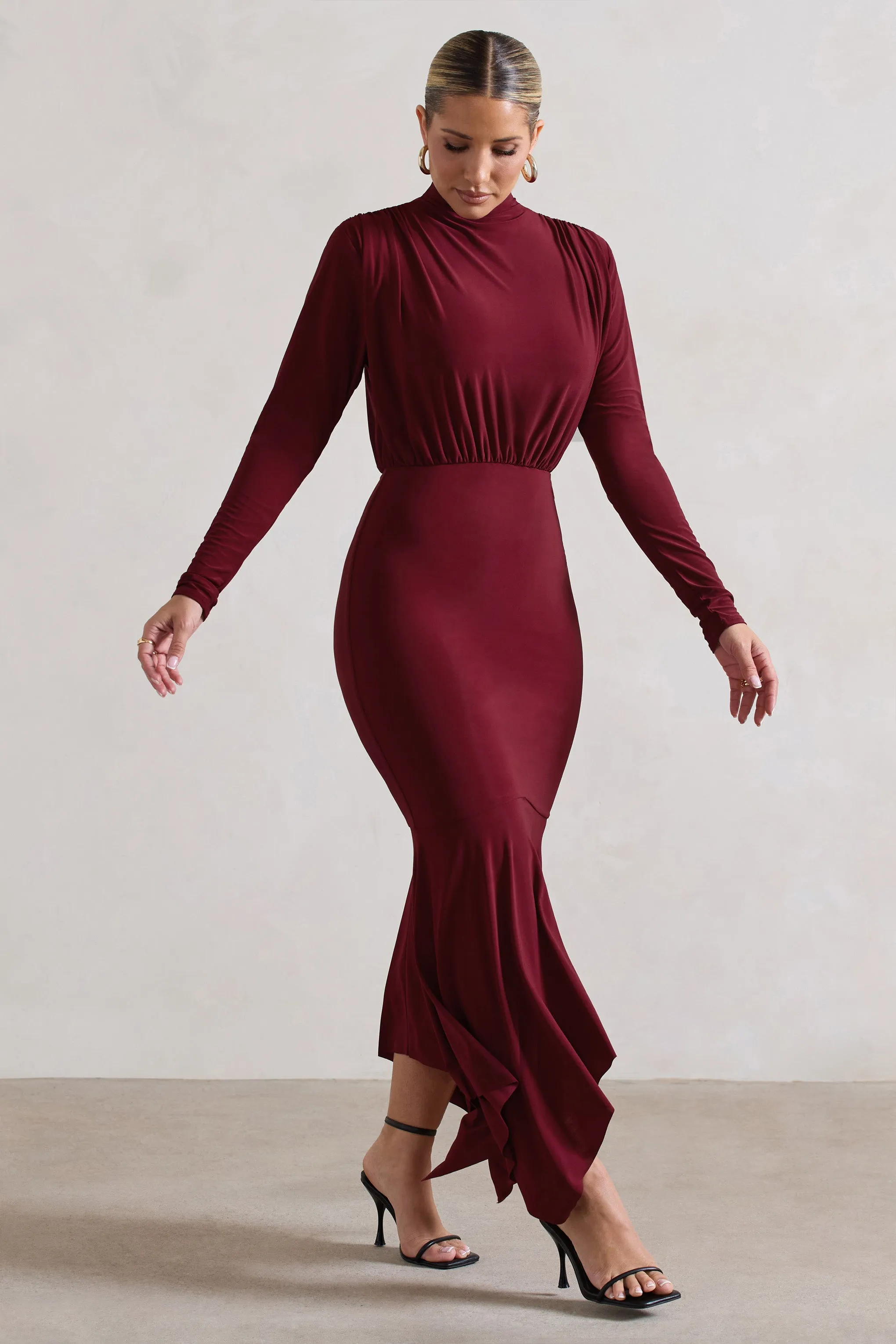 Carla | Berry High-Neck Maxi Dress With Draped Hem Club L London